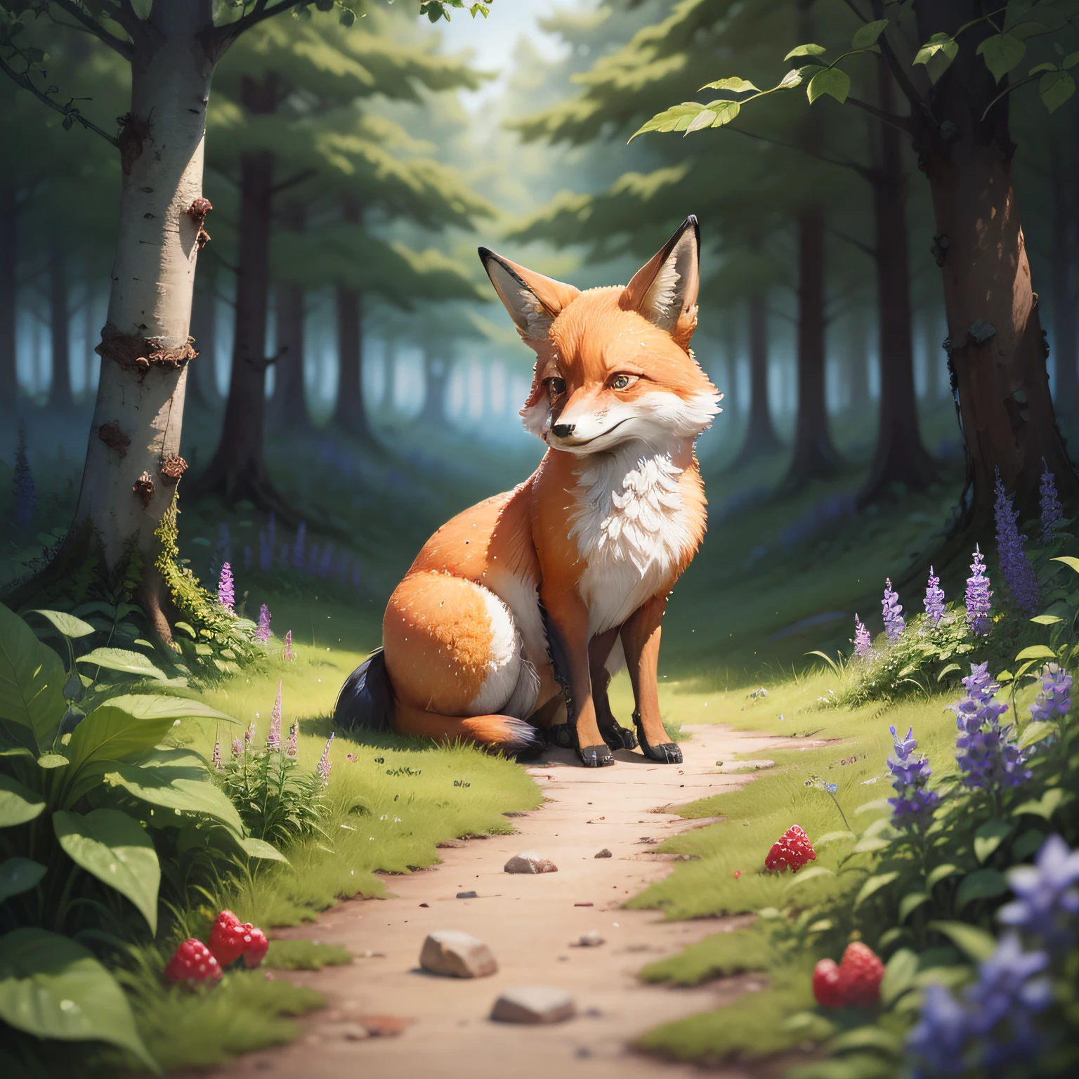 Everyone loves the fox, wet watercolor illustration, acrylic, adorable fox with fluffy fur, watercolor paper texture, raspberries, grapes, blackberries, currants, flowers, flowering herbs, wild herbs, thistle, delphinium, juniper, vine, moss , stones with moss, forest paths in the grass, wild nature beauty purity sincerity cuteness fabulous illustrators