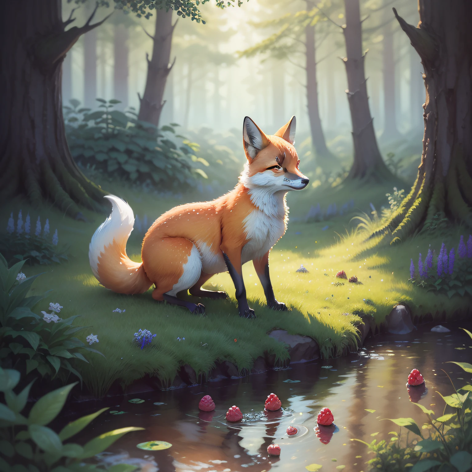 Everyone loves the fox, wet watercolor illustration, acrylic, adorable fox with fluffy fur, watercolor paper texture, raspberries, grapes, blackberries, currants, flowers, flowering herbs, wild herbs, thistle, delphinium, juniper, vine, moss , stones with moss, forest paths in the grass, wild nature beauty purity sincerity cuteness fabulous illustrators