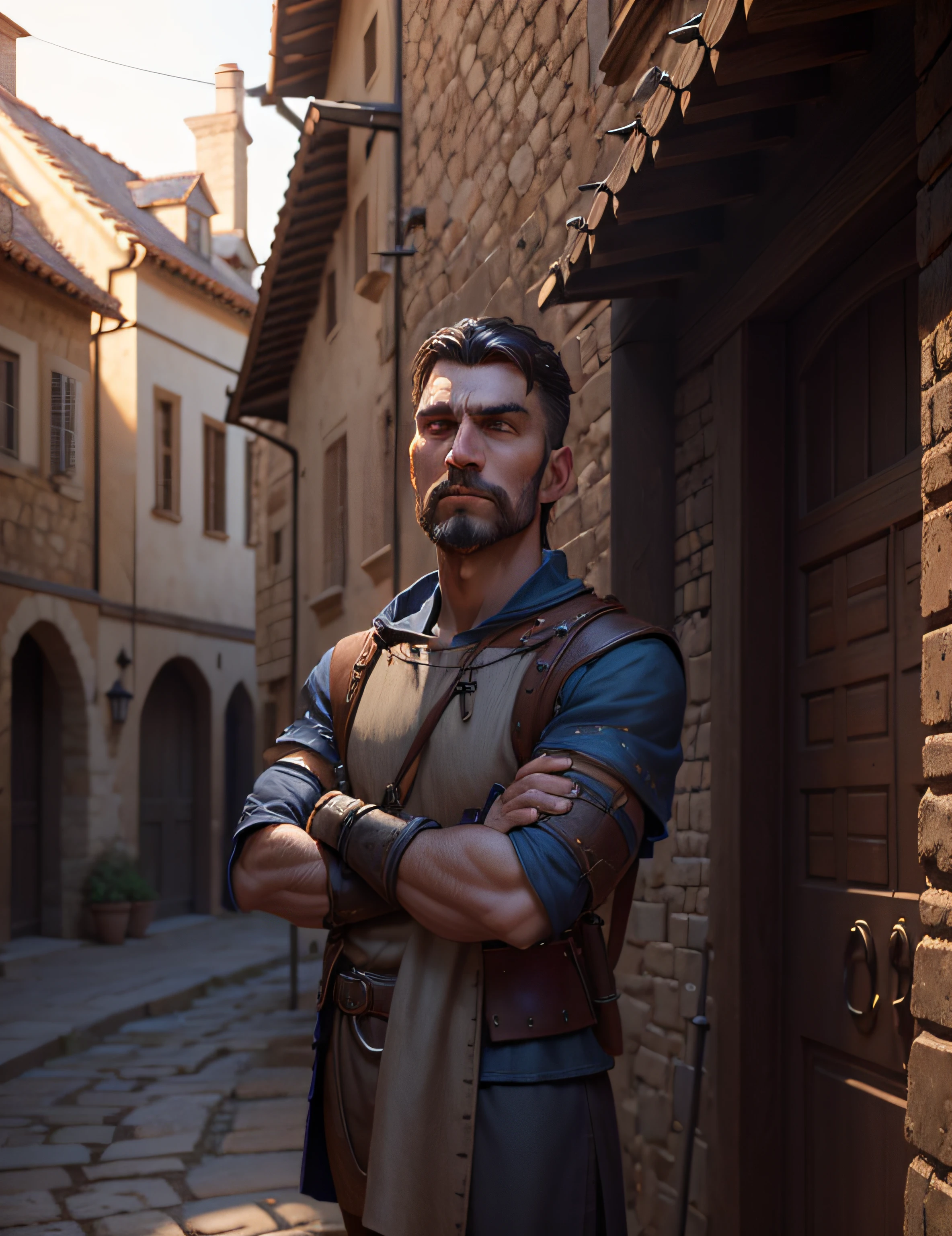 Man with arms crossed in a medieval village, arte conceitual ultra realista, arte conceitual altamente realista, hyperreal rendering, arte conceitual hiperrealista, arte conceitual hiperrealista, trending on polycount, Product rendering, ultra realistic 3d illustration, 3 d product render, hyper realistic detailed rendering