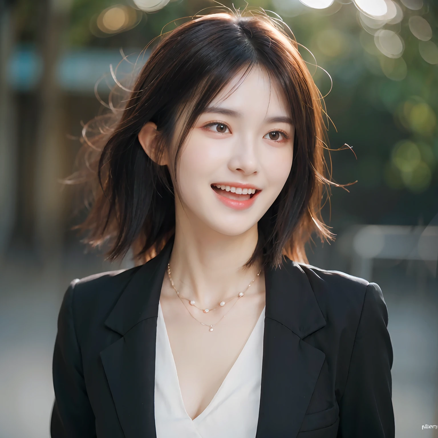 Dressed, (photographrealistic:1.4), (Hyper realistic:1.4), (Realistic:1.3), (Smoother lighting:1.05), (increase cinematic lighting quality:0.9), 32K, 1girl in,25-years old, Realistic lighting, Backlighting, Light on Face, raytrace, (Brightening light:1.2), (Increase quality:1.4), (Top quality real texture skins:1.4), finely detailed eyes, finerly detailed face, (tired and sleepy and joy:0), (Laugh:1.4), Black Suit,a necklace, (Increase body line mood:1.1), (Increase the beauty of skin texture:1.1)