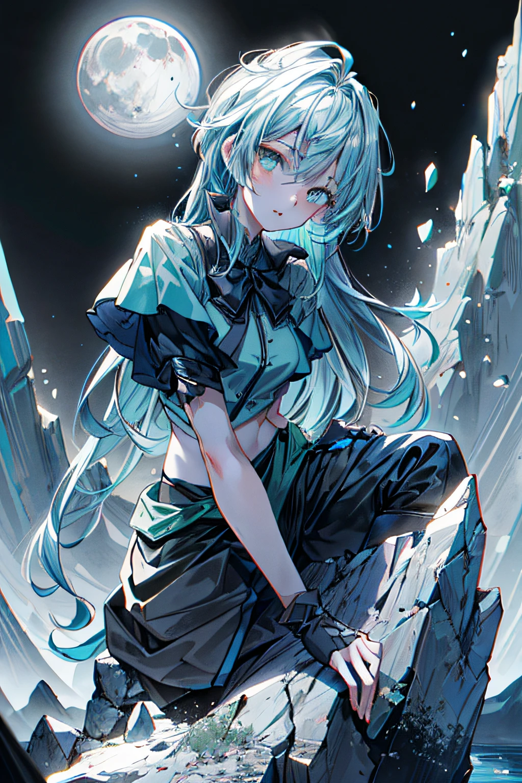 1girl, mature, long light blue hair, green eyes, night, mountain, aurora, moon,((random camera shoot1.4)),(random body pose:1.4),girl sitting on rock at peak of mountain during night looking up of sky aurora,
volumetric lighting, dynamic lighting, dynamic composition, reflection, caustics, subsurface scattering, (masterpiece, best quality, ultra-detailed, best shadow), high contrast, (best illumination, an extremely delicate and beautiful), ((cinematic light)), colorful, hyper detail, dramatic light, intricate details, stunning gradient colors, no watermark signature,(detailed background),(ultra detailed), (best shadow:1.1)+++++,(high contrast)+++,(best illumination)+++,
