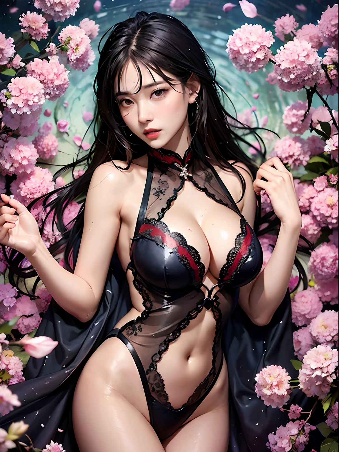 loose outfit、Show shoulders、Dark colored cheongsam、How to wear a black cheongsam、Decorated with intricate patterns and bright colors、Transparent material that makes the skin shine、Artistic depiction of seductive woman in gown with wet thin cloth and transparent skin, Floral and fantastic pattern with flowing silky traditional see-through skin。Her dress draped elegantly around her curvaceous figure、Emphasizes her charming silhouette。She's a gentle fireworks night、Dynamic Posing、Sexy Posing、bathed in the soft glow of moonlight。The scene is、With a hint of mystery and sensuality、It exudes an ethereal dreamy atmosphere。The image style is、It incorporates a blend of watercolor and digital illustration techniques.、It makes you feel delicate beauty and charm。Soft moonlit lighting、Cast gentle highlights and shadows on her mesmerizing features。Dynamic Posing、Bold poses、The hand is somewhere、see -through、show through、A sexy、Wet hair、Wet、(cherry trees、flower petals、cherryblossom、The cherry tree、Sakura Snowstorm 1.5)、buried、Transparent skin、Wet clothes、(Chest 1.2)、Navel Ejection、Swaying in the wind、Burgundy、pale red、(Slouch 1.5)、Lace color、lace choker、a choker、Lie on your back on the surface of the water、New lining、Stall badly in the wind、Large stall、Flapping stalls、Spread hair、