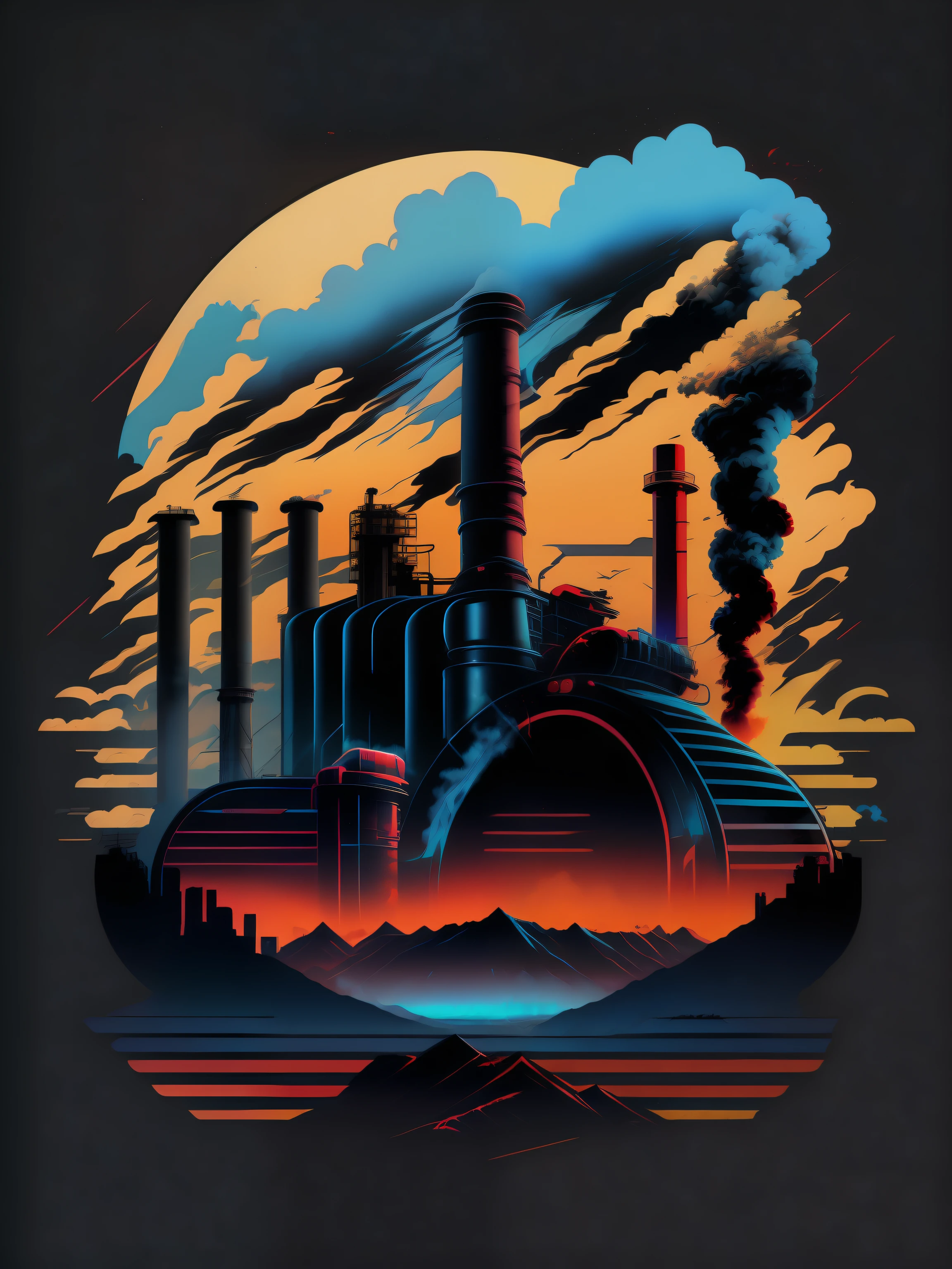 Industrial Skylines, Factories, Smoke, Pollution, Urban,80's vector image, T-shirt design, isolated, black background, silver red illustration and blue only