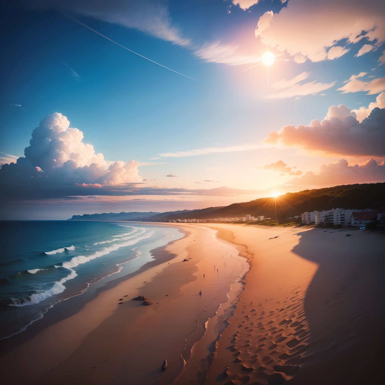 top-quality、8K、cirrus、Faint clouds、Faint clouds in the blue sky、Into the cloud、Air and Sea、unmanned、Scenery only、sand beach、the setting sun