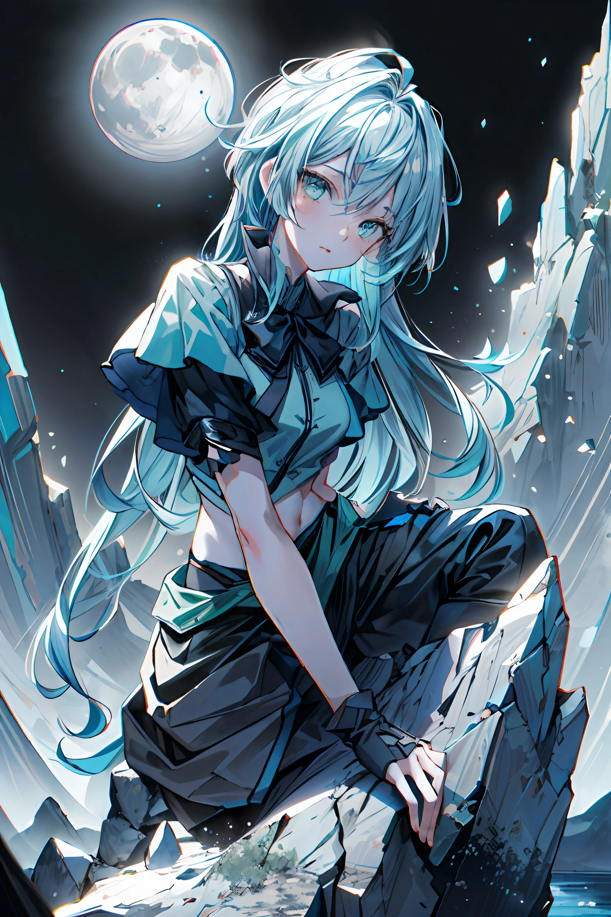 1girl, mature, long light blue hair, green eyes, night, mountain, aurora, moon,((random camera shoot1.4)),(random body pose:1.4),girl sitting on rock at peak of mountain during night looking up of sky aurora,
volumetric lighting, dynamic lighting, dynamic composition, reflection, caustics, subsurface scattering, (masterpiece, best quality, ultra-detailed, best shadow), high contrast, (best illumination, an extremely delicate and beautiful), ((cinematic light)), colorful, hyper detail, dramatic light, intricate details, stunning gradient colors, no watermark signature,(detailed background),(ultra detailed), (best shadow:1.1)+++++,(high contrast)+++,(best illumination)+++,