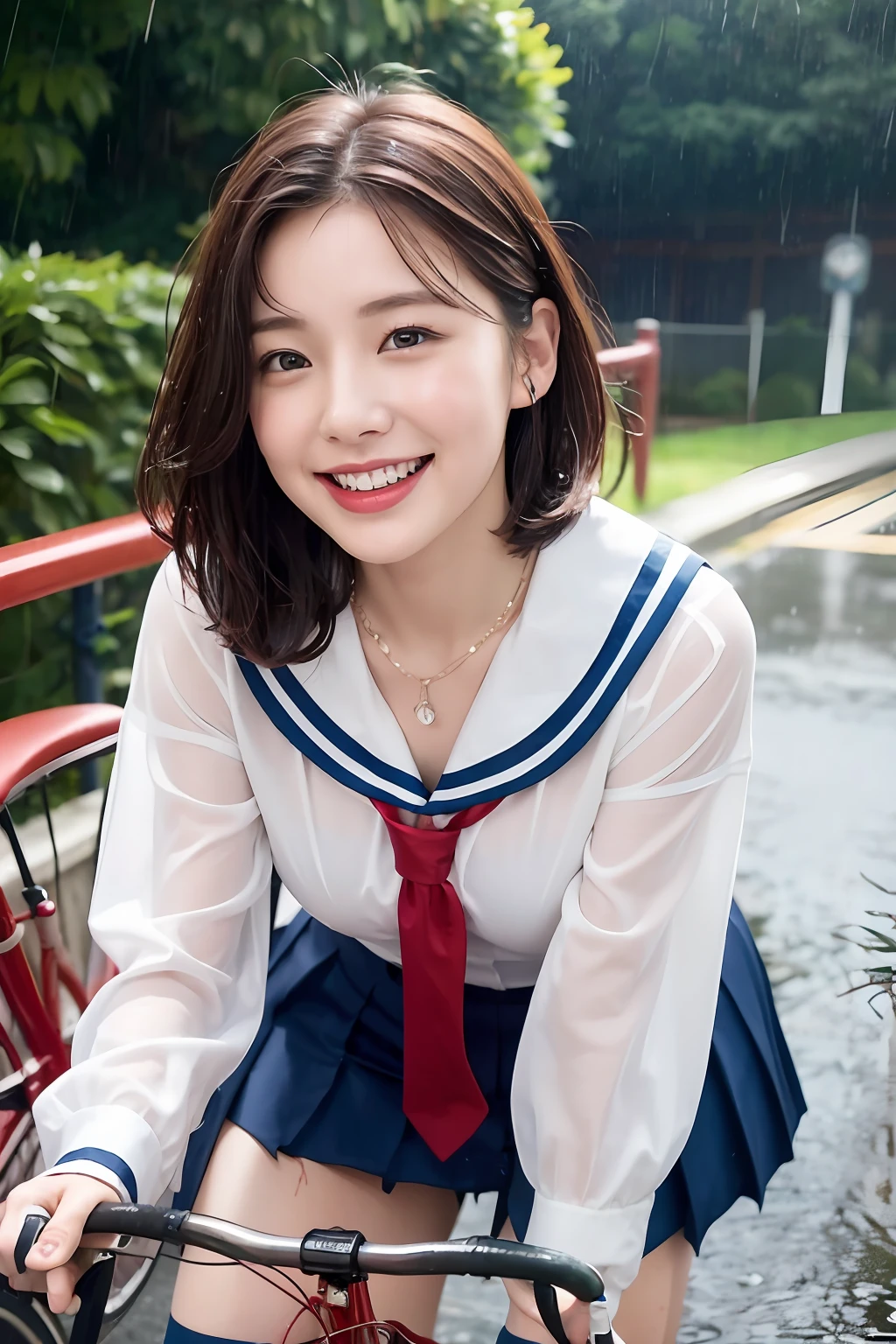 1 girl wet in the rain、Blushing cheeks、((Red Bicycle))、((Riding a bicycle and smiling))、gazing at viewer、Heavy rain、large full breasts、Sailor suit that gets wet and sticks to your chest、No umbrella、Girl in Japan school uniform、florals、hair pin、a necklace、piercings、Wet and leaning forward、from below looking up、depth of fields、pointed red mouth、wet and shiny reddish-brown short hair,、Black eyes、鎖骨、Beautiful fingers、Hourglass body、portrait of a full body、Loosen your tie、Wet cute face、