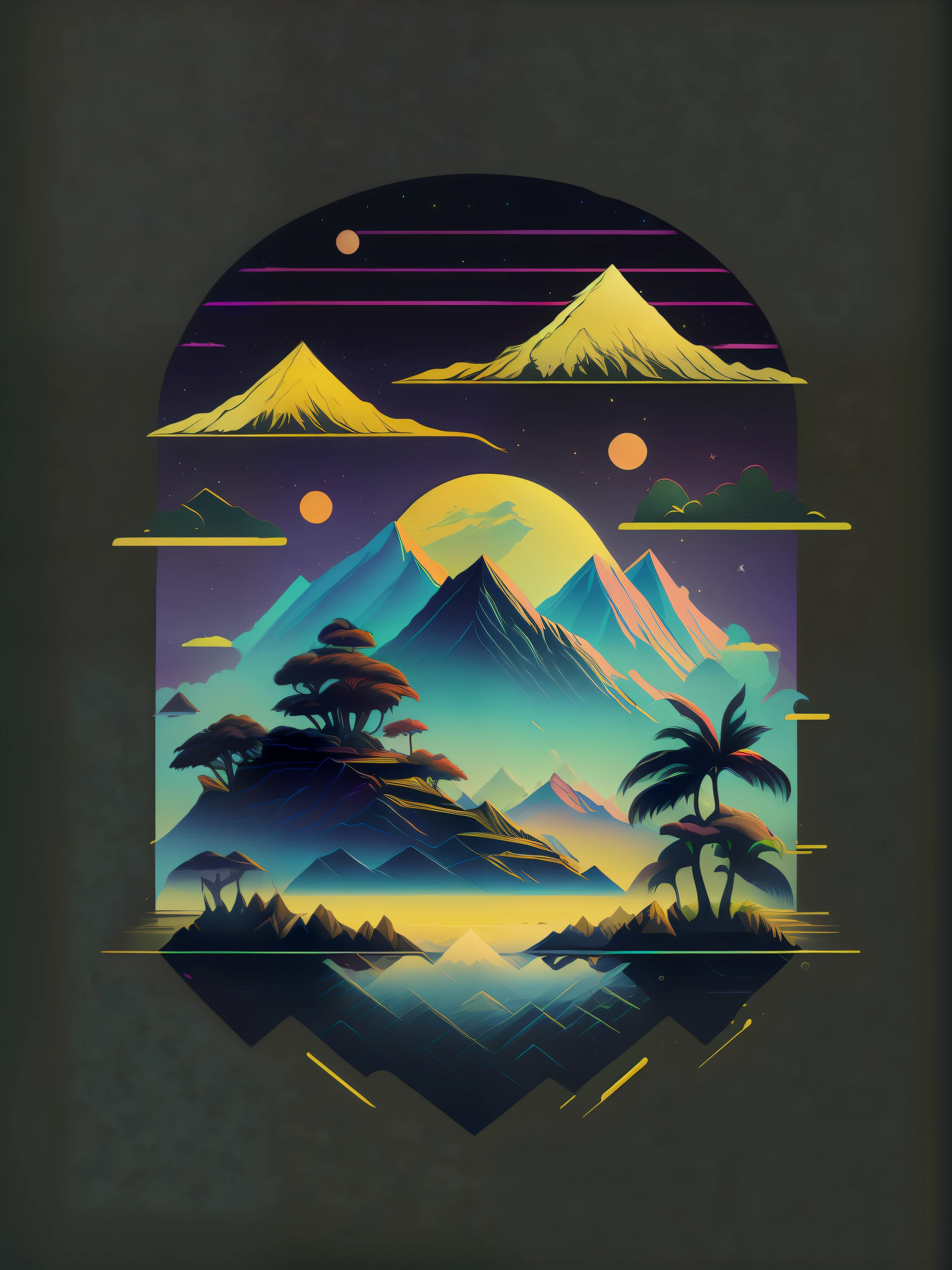 Floating Islands, Fantasy, Sky, Mountains, Dreamy,80's vector image, T-shirt design, isolated, black background, white yellow illustration and green only