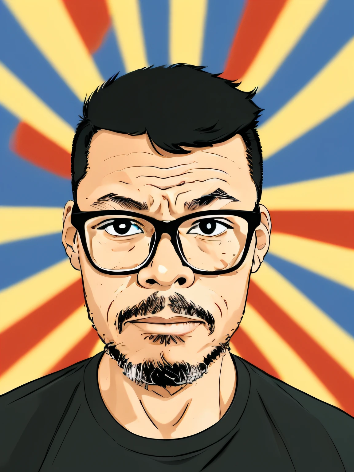 guttonerdjul23, 2d illustration of man, light-skinned, wearing glasses, crying, black t-shirt, front view, looking directly at viewer, short hair, brown eyes, cartoon style, comic book background, blur background