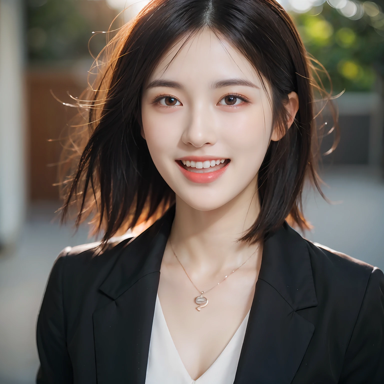 Dressed, (photographrealistic:1.4), (Hyper realistic:1.4), (Realistic:1.3), (Smoother lighting:1.05), (increase cinematic lighting quality:0.9), 32K, 1girl in,25-years old, Realistic lighting, Backlighting, Light on Face, raytrace, (Brightening light:1.2), (Increase quality:1.4), (Top quality real texture skins:1.4), finely detailed eyes, finerly detailed face, (tired and sleepy and joy:0), (Laugh:1.4), Black Suit,a necklace, (Increase body line mood:1.1), (Increase the beauty of skin texture:1.1)