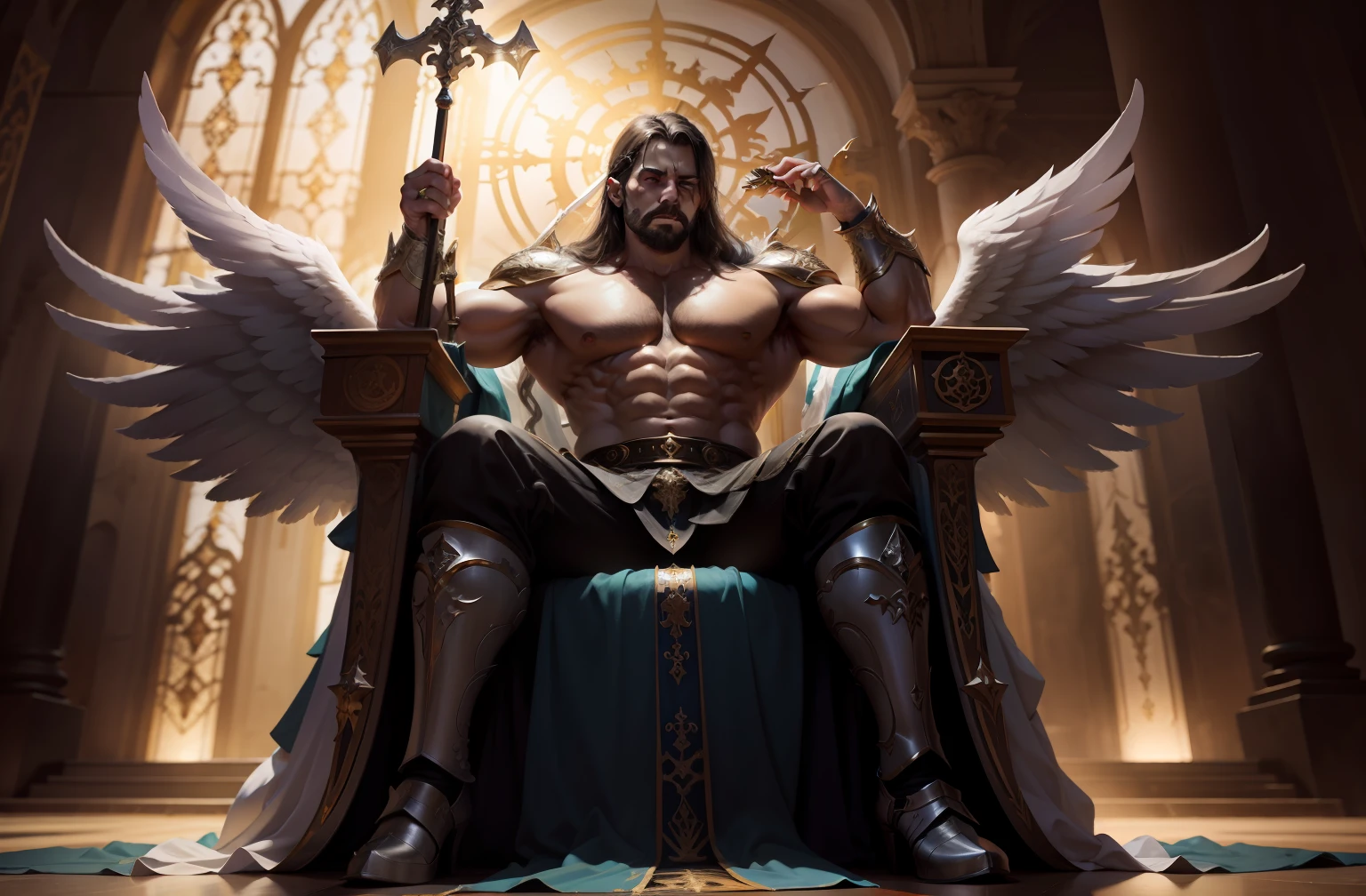 Lucier o anjo caido, Evil expression sitting on a throne of glory, grandes asas douradas, musculos forte, segurando uma espada desembanhada