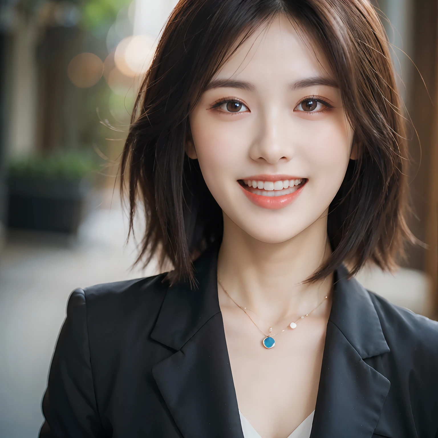 Dressed, (photographrealistic:1.4), (Hyper realistic:1.4), (Realistic:1.3), (Smoother lighting:1.05), (increase cinematic lighting quality:0.9), 32K, 1girl in,25-years old, Realistic lighting, Backlighting, Light on Face, raytrace, (Brightening light:1.2), (Increase quality:1.4), (Top quality real texture skins:1.4), finely detailed eyes, finerly detailed face, (tired and sleepy and joy:0), (Laugh:1.4), Black Suit,a necklace, (Increase body line mood:1.1), (Increase the beauty of skin texture:1.1)