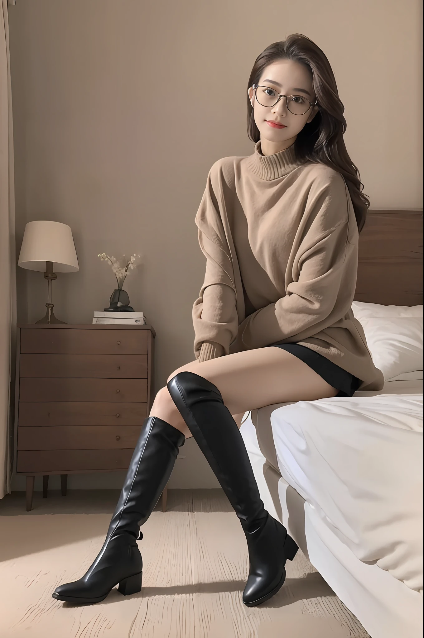Stunning beauty，Over-the-knee boots，Sitting on the bedside，wears glasses，full body shot shot，Works of masters，HighestQuali，8K分辨率