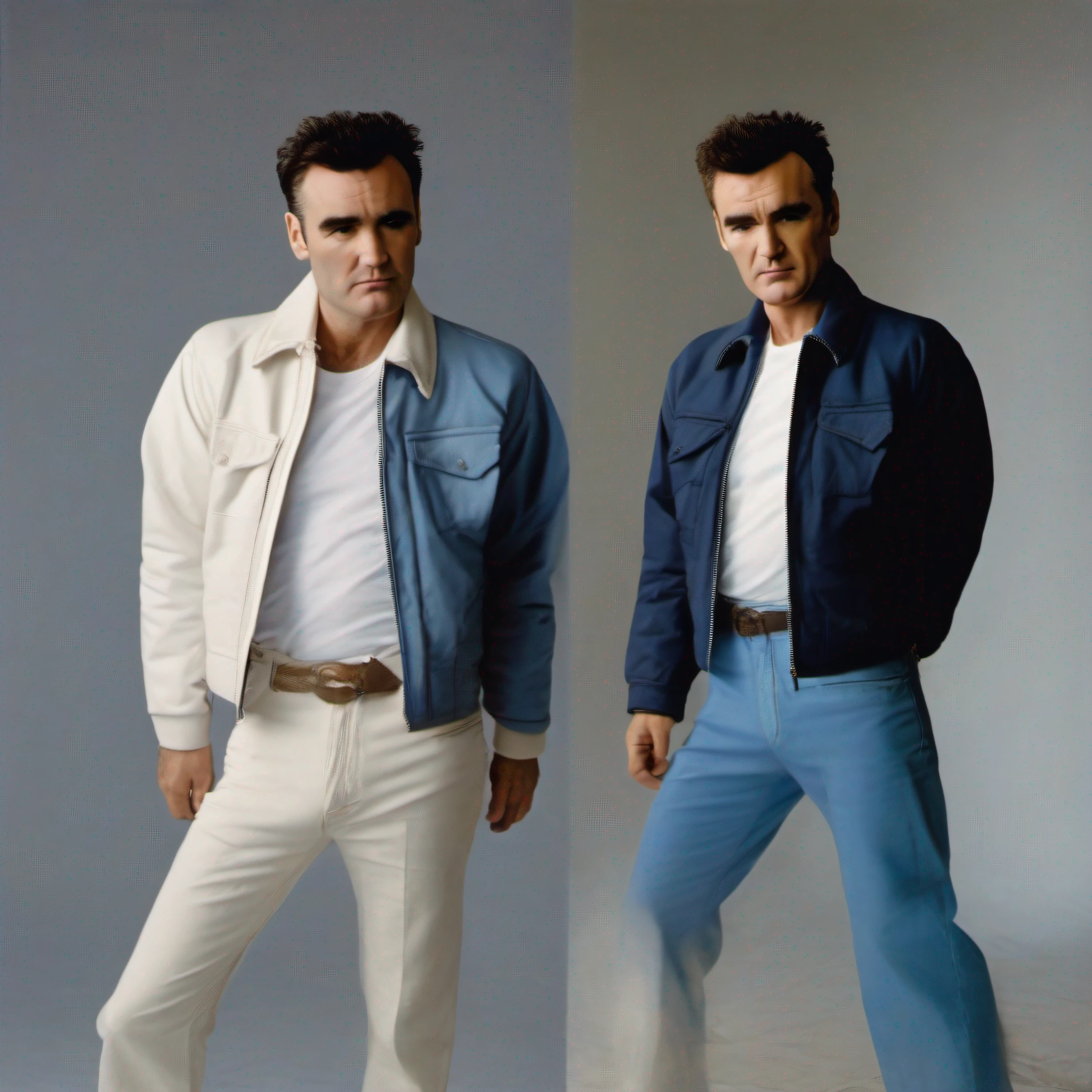 (high-resolution) full-body portrait of Morrissey, (reminiscent of) 1980s rhythm and blues fashion. (Capturing him) wearing a (classic) solid blue Members Only jacket with no designs or flap pockets and minimal zippers, wearing a white t-shirt under the jacket