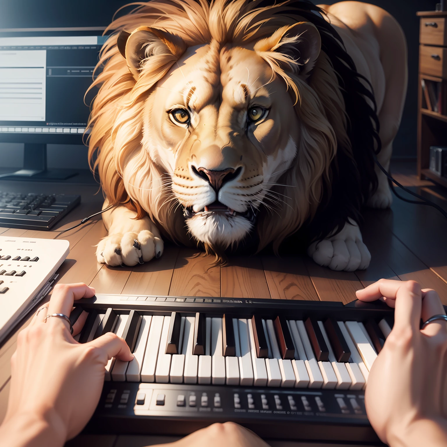 Create a realistic image of a musical keyboard next to a lion