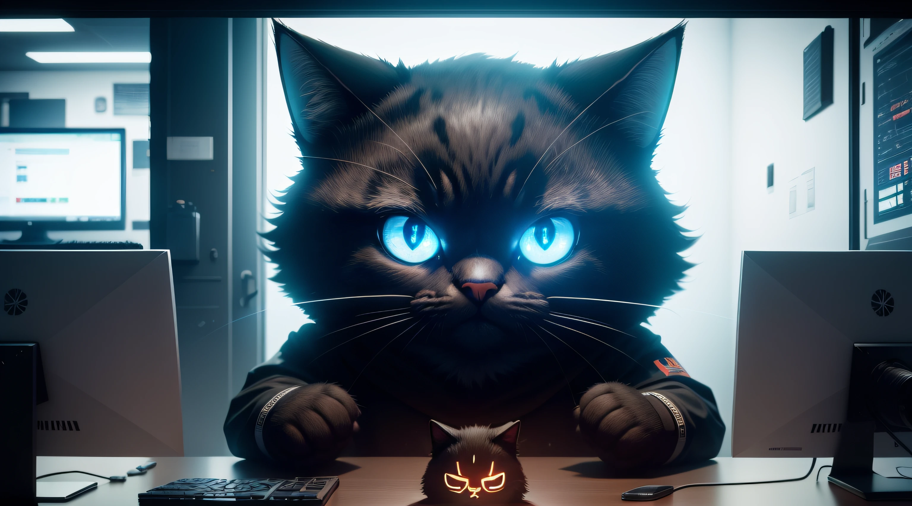 Gatinho hackeando em um escuro, Technology Room, PC RGB, mascara, V para Vendetta, hacker, bolacha, Arte Oficial, Unity 8k papel de parede, ultra detalhado, alta qualidade, best quality