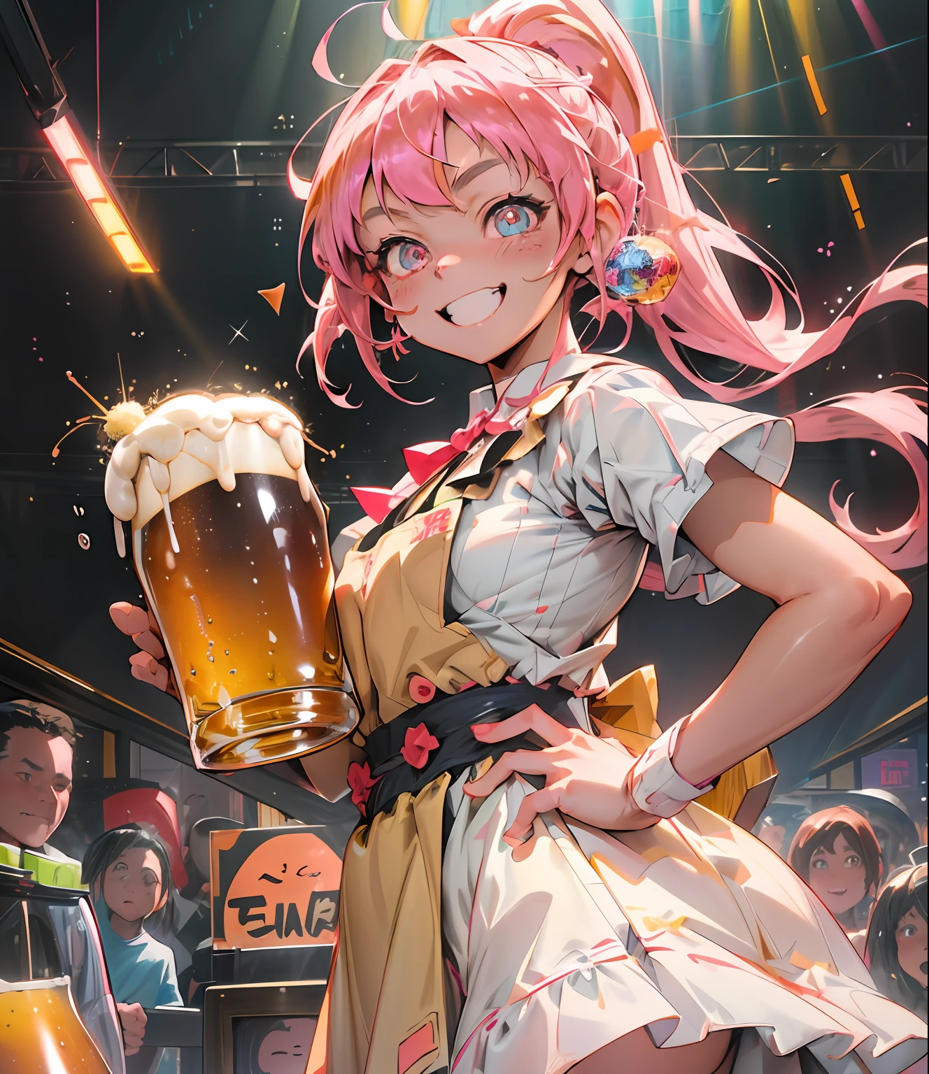 masutepiece、Ultra-high-definition digital art、(Carry beer)、1girl in、brawn hair、poneyTail、cute face、((Happy face))、A staff、pinafore、(Delicious looking beer)、Crystal clear skin、kawaii eyes、、disco、mirror ball、Floor Audience、Twinkle、perfect hand、intricate detailes、sharpnes