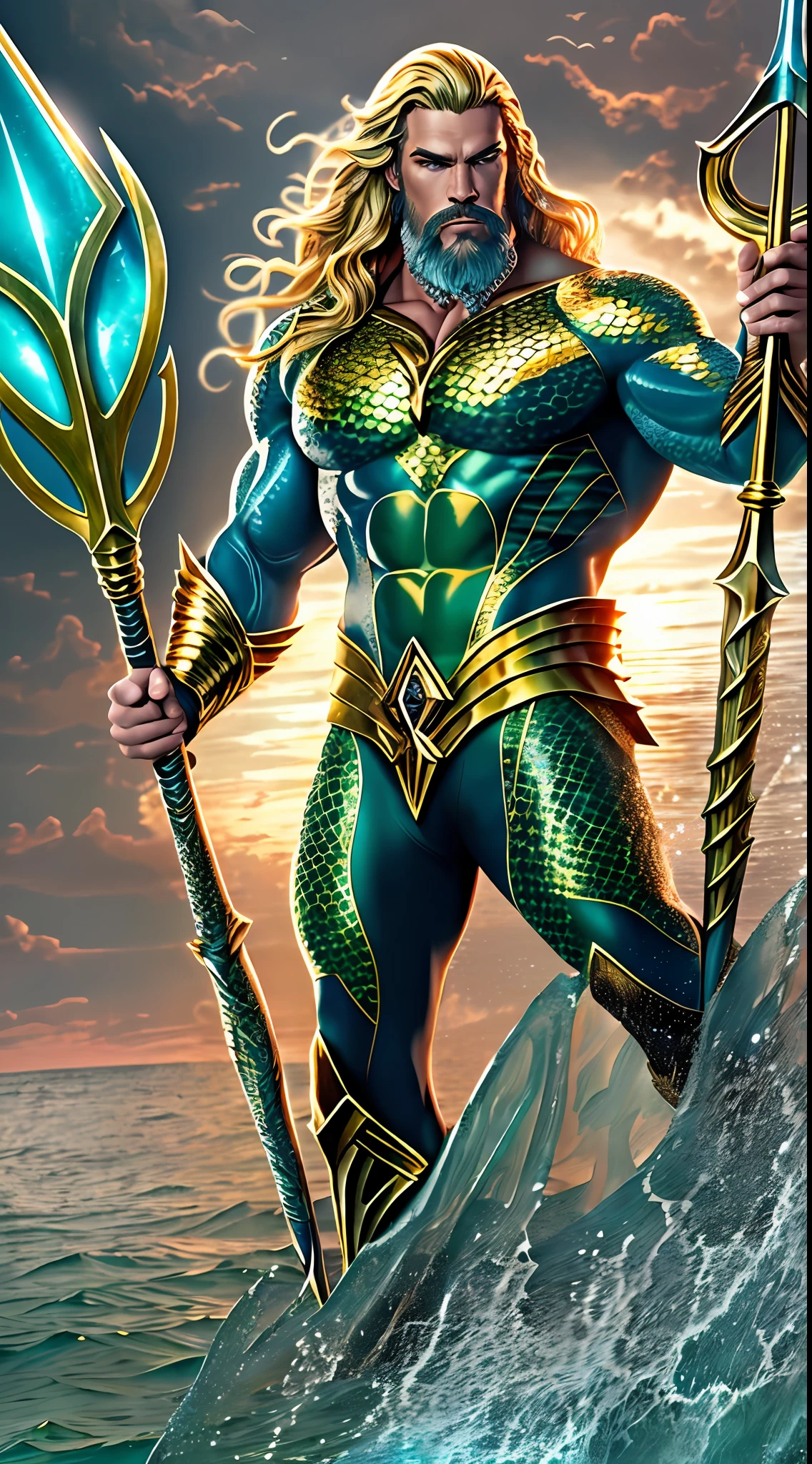 Poseidon and Aquaman DC Fusion,Mystic ,Mythology ,Aura,HD, Costume blue and gold , Full Body,Tight Pants, Trident in hand, Muscular Body,Scales, long blonde hair, beautiful face, open sea in the background Realistic, Hyperdetailed, ultra HD, hyperdetailed,8K