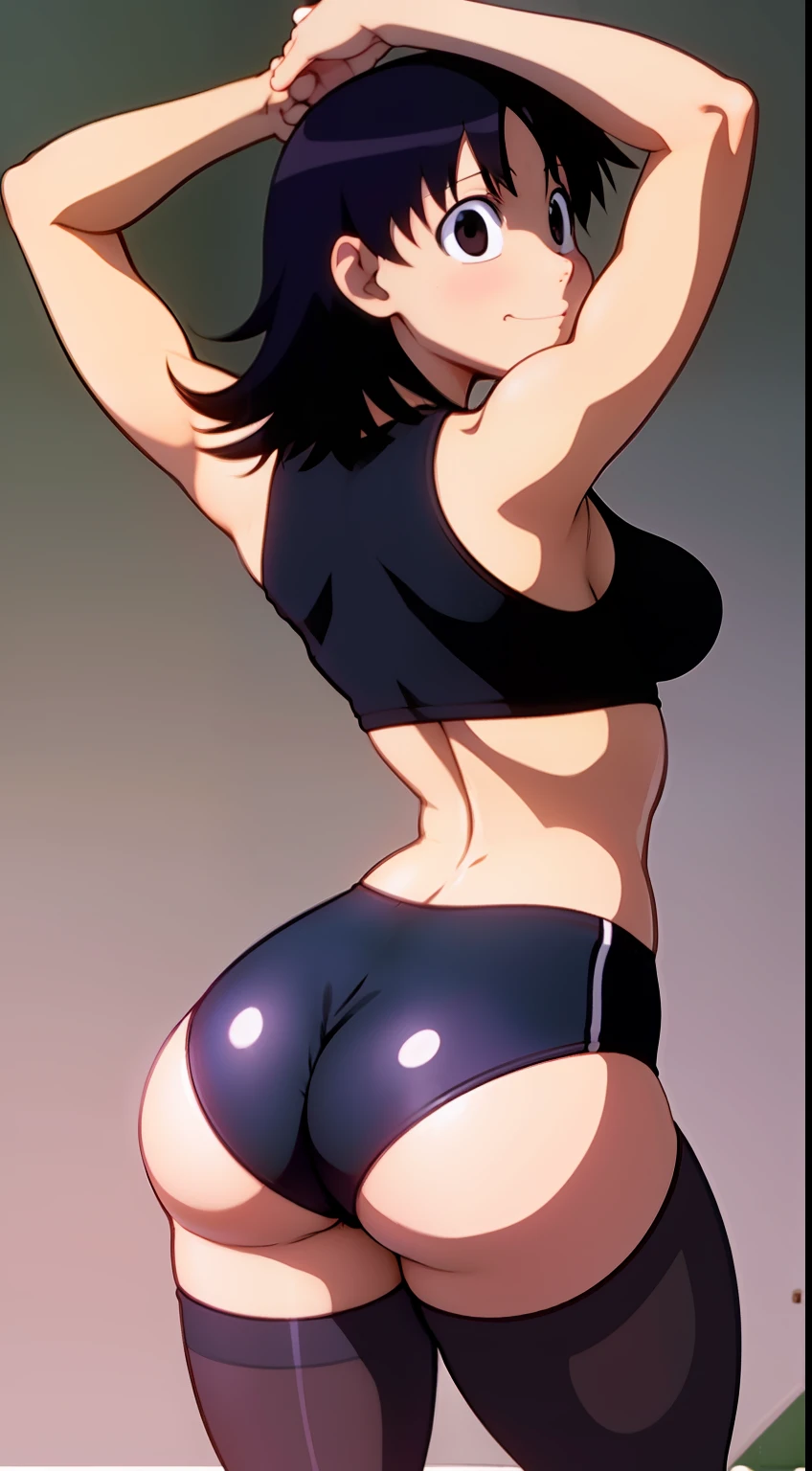 Tomo Takino, Azumanga daioh, black hair, messy hair, tank top, biker short leggings, black socks, shoes, breasts, Wallpaper, Close-Up, back of view, standing up, checking out her butt, ass view, smirking, hands on her waist, eyes tight ass cheeks