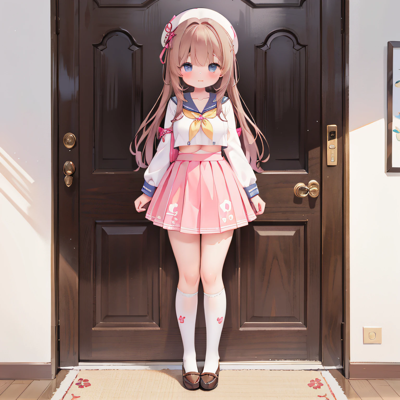 Standing painting，chiquita，Flat chest，Short stature，Lori huge breasts cleavage，frontage，full body pov，standing on your feet，White tunic，Pink sailor collar，校服，a sailor suit，pleatedskirt，pinkskirt，white stockings，Brown hair，long and flowing hair。female focus，Fresh and lovely。