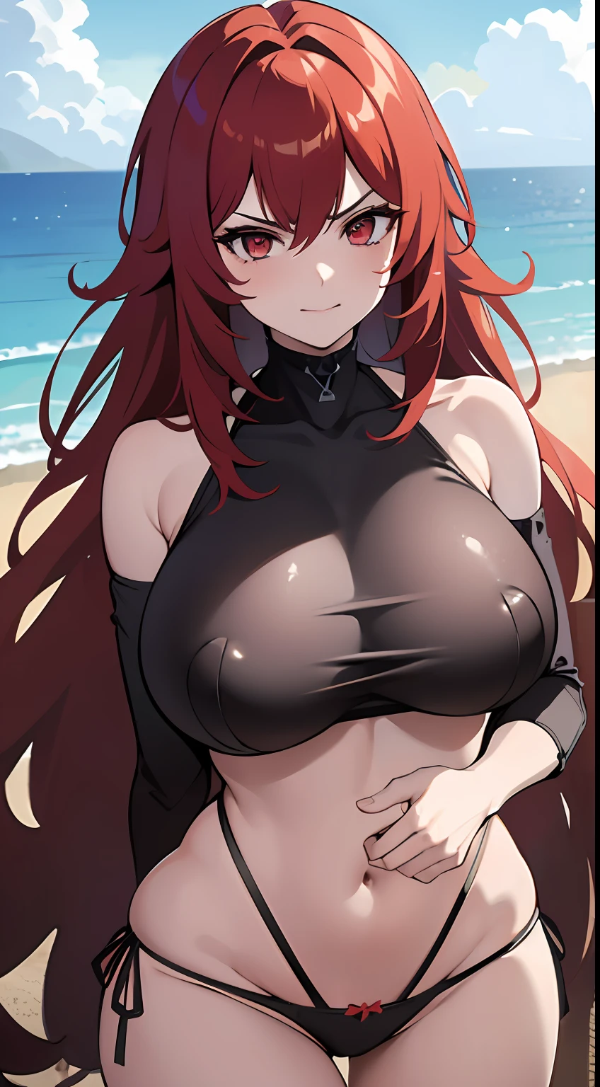 [(Transparent Background: 1.5)::5],(((Masterpiece))),(((Best Quality))),(((Extremely Detailed))), Illustration, (High Resolution), High Quality, Perfect Line Art, 1 Girl, Long Hair, Hot Red Hair, ((Huge Breasts:1.5)), (Wide Hips), Milf:1, Mature Woman, Small Waist:1.2, Curvy:1, Sexy, Defined Body: 1.2, (Microbi kini with thong only:1), (red micro bikini:1) ), beautiful detailed face, red eyes, underwear slightly exposed, detailed eyes, hyper, slight smile, annoying, (angry), blushing, highly detailed, beautiful, small details, ultra detailed, best quality, intricate, 4k, 8k, trending on artstation, nice anatomy, beautiful lighting, award winning, nihilister, background beach, sea, beautiful tropical beach