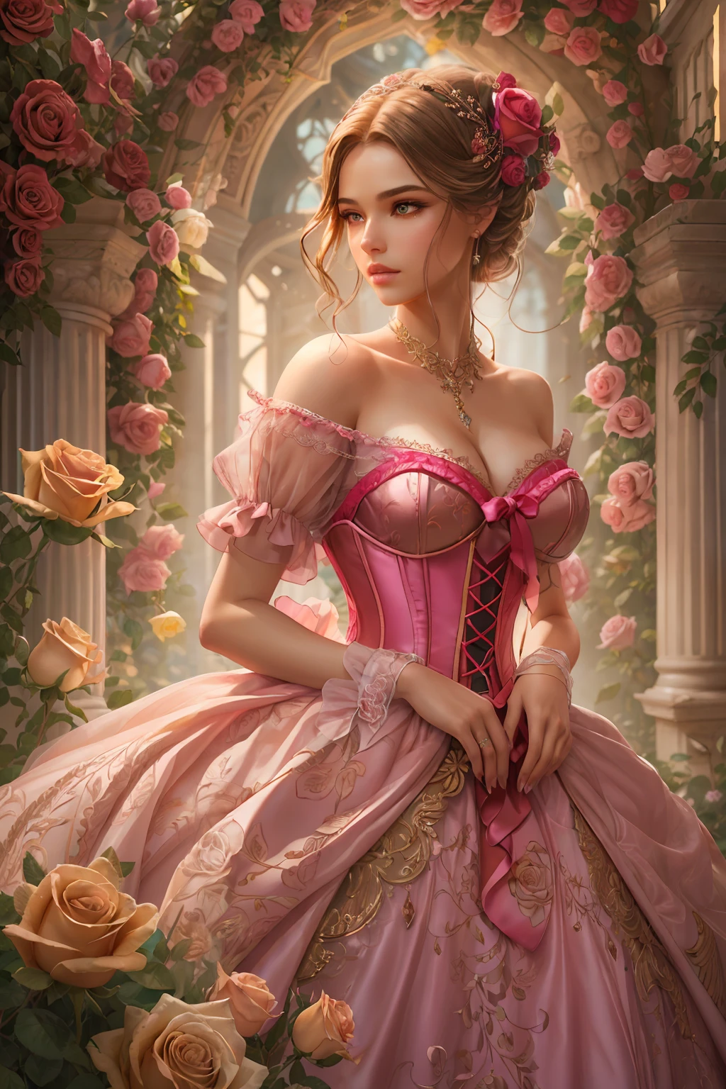 This is realistic fantasy artwork set in the castle's enchanted rose garden. Generate a proud woman with a highly detailed face dressed in the billowing folds of a stunning French silk ballgown. The woman's sweet face is ((((highly detailed, with realistic features and soft, puffy lips.))))  The ballgown is embellished with ruffles, sashes, and bows and a delicately, but intricately, hand-embroidered bodice. The corset features silk ribbon. The woman's stunning eyes are beautifully detailed, featuring realistic shading and multiple colors and high resolution. The woman is in a garden of eternal roses, each one beautifully formed and highly detailed. These realistic roses feature shimmering shades of pink, yellow, orange, and glimmering red. The eternal rose is a deep shade of red with shimmering pink overtones and undertones. Ensure that the woman's face, hair, and eyes are perfect. realism, high fantasy, whimsical fantasy, storybook fantasy, fairytale fantasy, fantasy details, enchanting, bewitching, 8k, hires, cgi, digital painting, unity, unreal engine, (((masterpiece))), intricate, elegant, highly detailed, majestic, digital photography, art by artgerm and ruan jia and greg rutkowski, (masterpiece, finely detailed beautiful eyes: 1.2), hdr, realistic skin texture, (((1woman))), (((solo))), Include a highly detailed face, extremely detailed face, and interesting background.