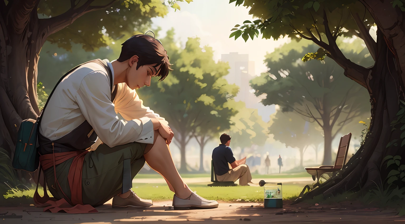 There is a man sitting on the ground in the park, Arte no estilo de Guweiz, Makoto Shinkai. digital render, Makoto Shinkai e Tom Bagshaw, Makoto Shinkai Cirilo Rolando, Greg Rutkowski Makoto Shinkai, Makoto Shinkai. octan render, Makoto Shinkai. —h 2160