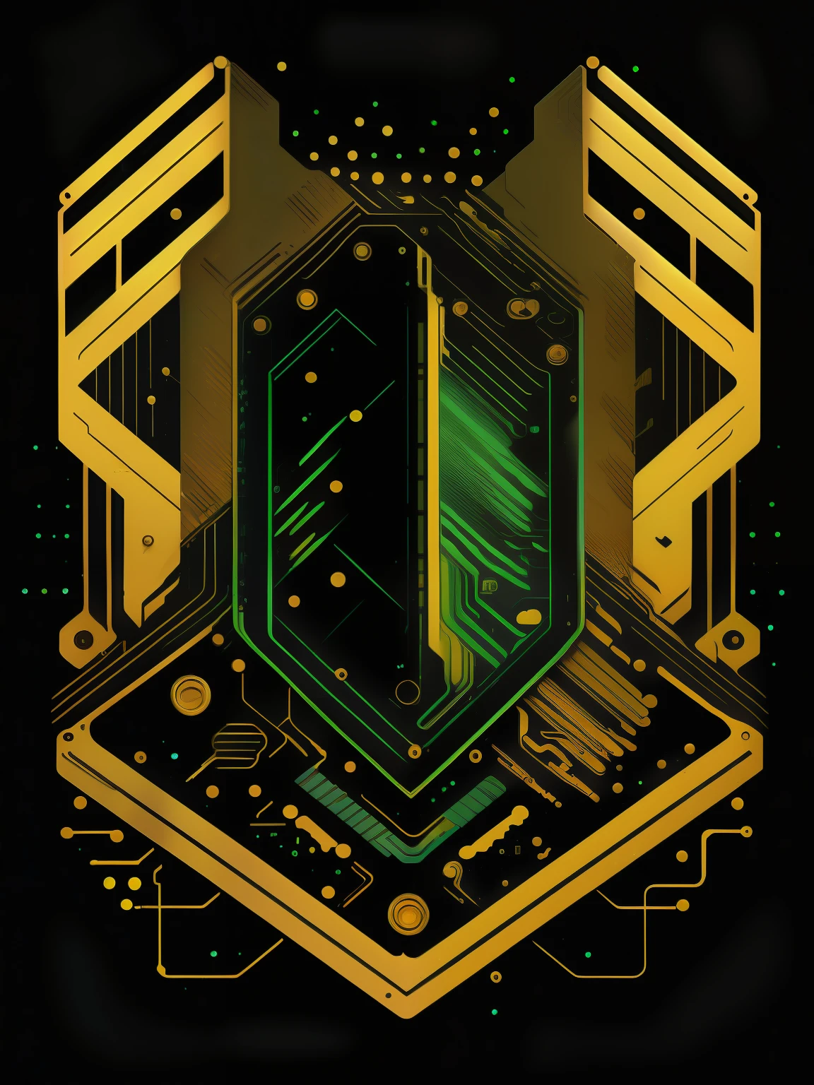 Circuit Board Art, Tech, Electronics, Network, Abstract,80's vector image, T-shirt design, isolated, black background, green yellow illustration and gold only