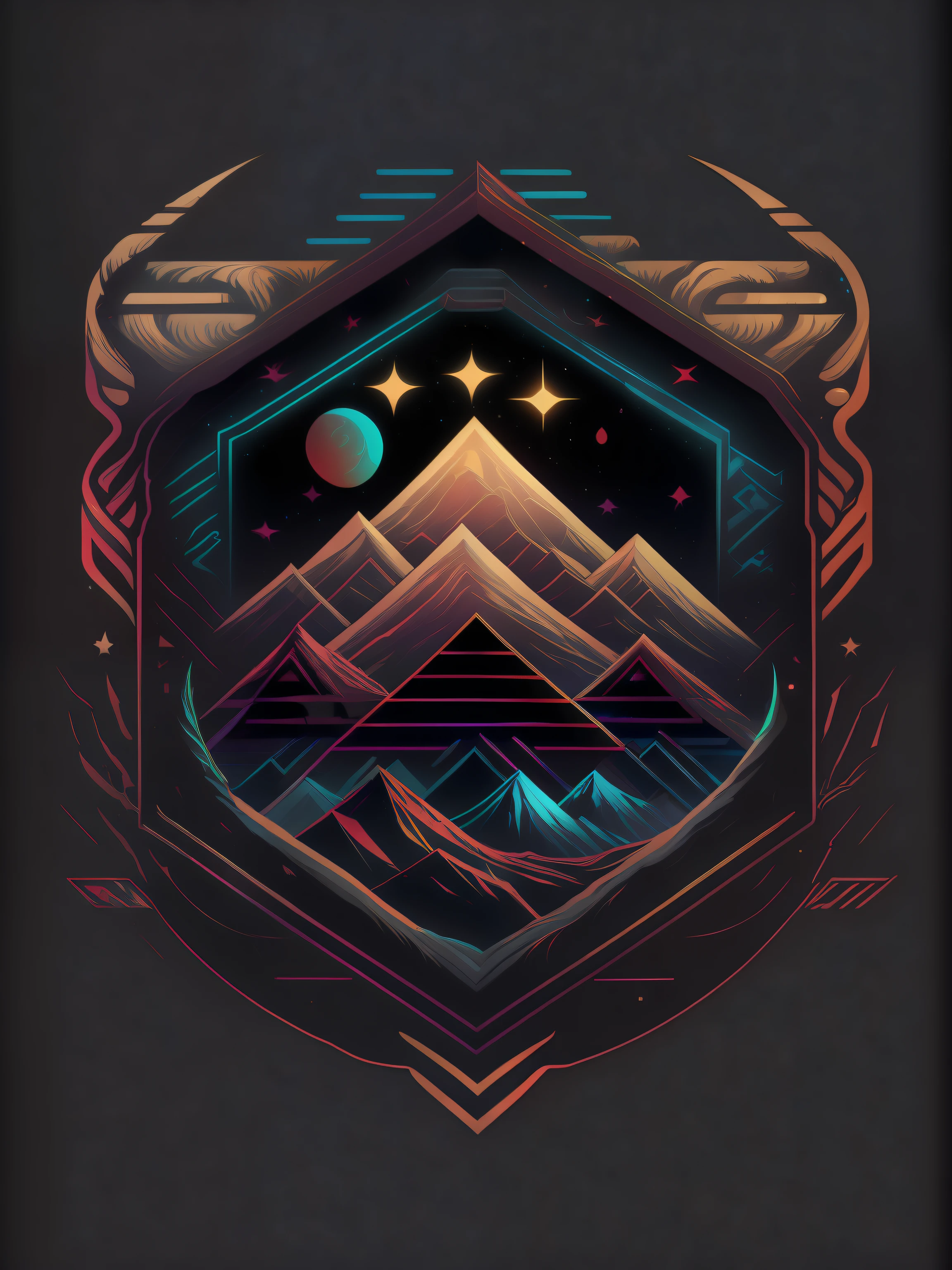Enchanted Runes: Magic, Symbols, Fantasy,80's vector image, T-shirt design, isolated, black background, brown red illustration and grey only
