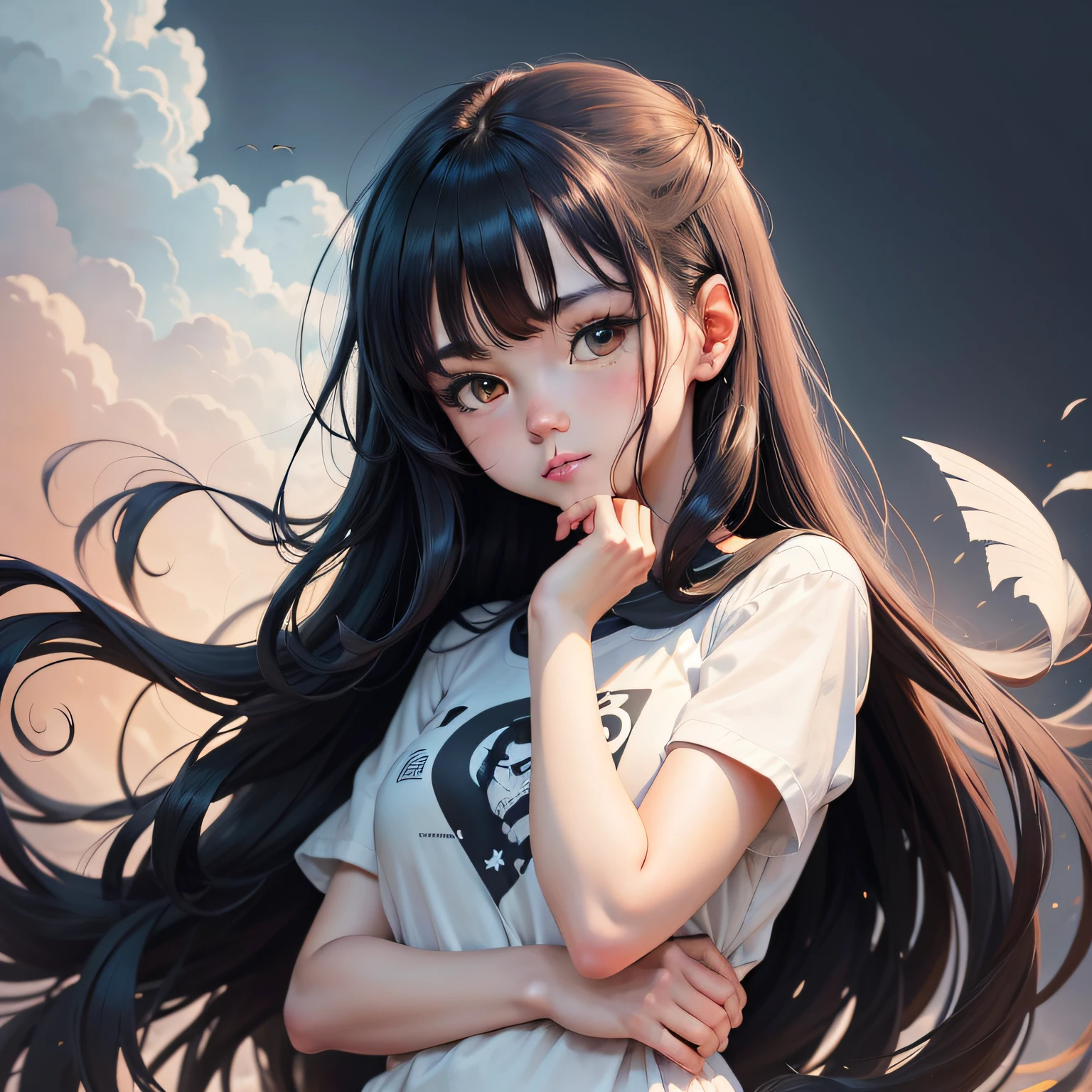 Anime girl with one hand on her chin and tilting her head to have doubts,15yo student,A dark-haired,The long-haired,Made at Studio Ghibli, digital art on pixiv, fluid acrylic, Dynamic gradients, illustratio, It features a simple, Vector art, Character Design,  Posterized,white backgrounid, Collection of masterpieces,