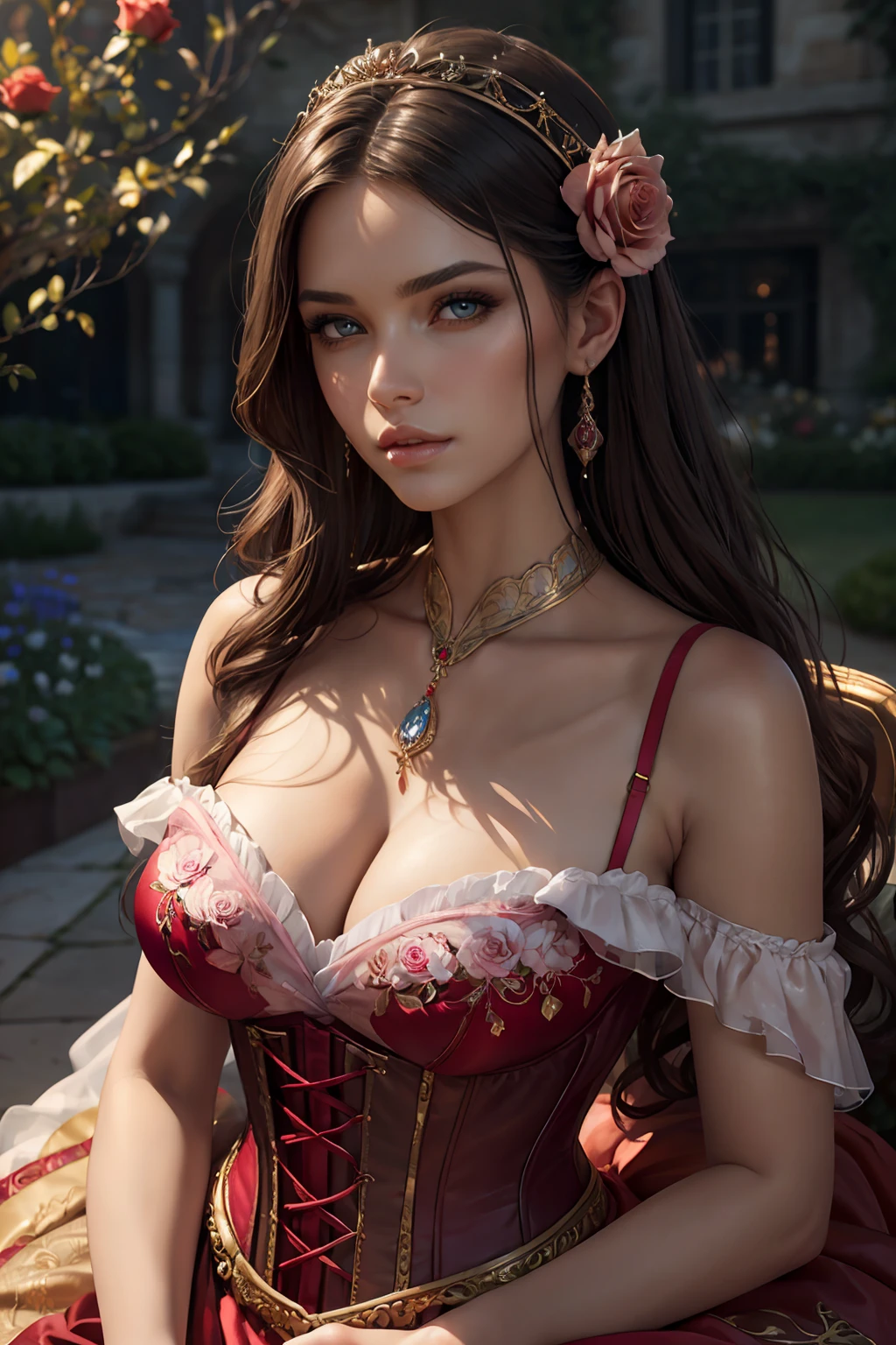 This is realistic fantasy artwork set in the castle's enchanted rose garden. Generate a proud woman with a highly detailed face dressed in the billowing folds of a stunning French silk ballgown. The woman's sweet face is ((((highly detailed, with realistic features and soft, puffy lips.))))  The ballgown is embellished with ruffles, sashes, and bows and a delicately, but intricately, hand-embroidered bodice. The corset features silk ribbon. The woman's stunning eyes are beautifully detailed, featuring realistic shading and multiple colors and high resolution. The woman is in a garden of eternal roses, each one beautifully formed and highly detailed. These realistic roses feature shimmering shades of pink, yellow, orange, and glimmering red. The eternal rose is a deep shade of red with shimmering pink overtones and undertones. Ensure that the woman's face, hair, and eyes are perfect. realism, high fantasy, whimsical fantasy, storybook fantasy, fairytale fantasy, fantasy details, enchanting, bewitching, 8k, hires, cgi, digital painting, unity, unreal engine, (((masterpiece))), intricate, elegant, highly detailed, majestic, digital photography, art by artgerm and ruan jia and greg rutkowski, (masterpiece, finely detailed beautiful eyes: 1.2), hdr, realistic skin texture, (((1woman))), (((solo))), Include a highly detailed face, extremely detailed face, and interesting background.