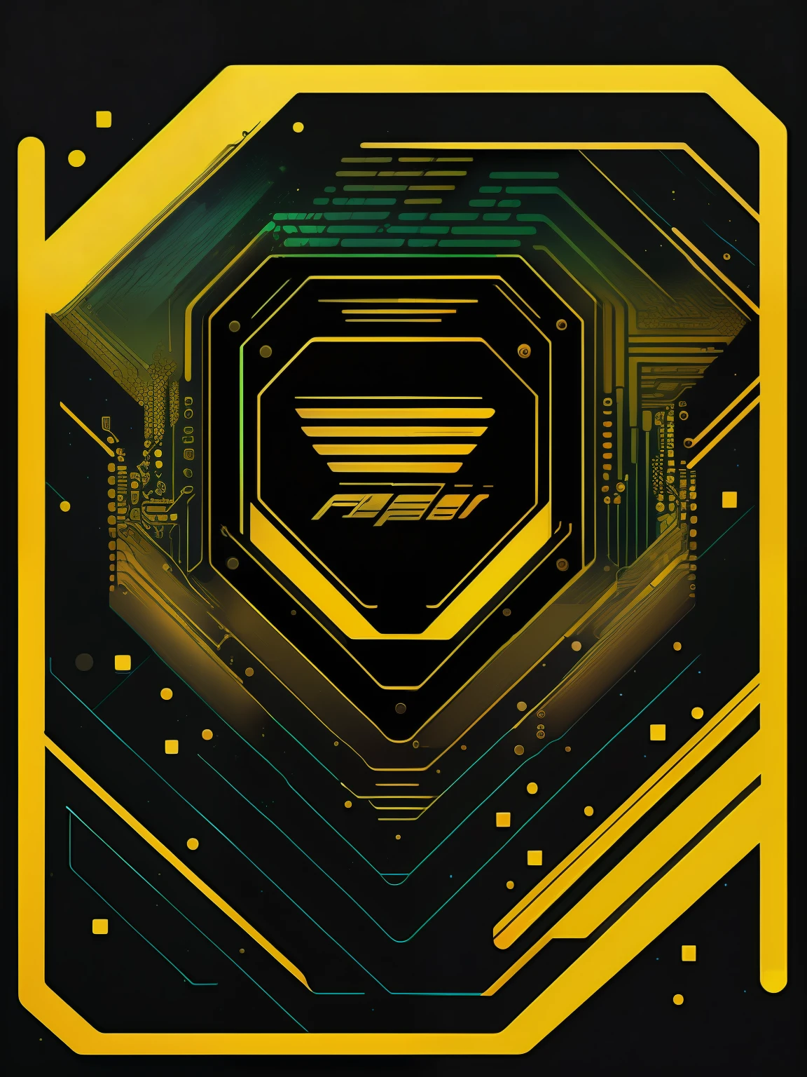 Circuit Board Art, Tech, Electronics, Network, Abstract,80's vector image, T-shirt design, isolated, black background, green yellow illustration and gold only