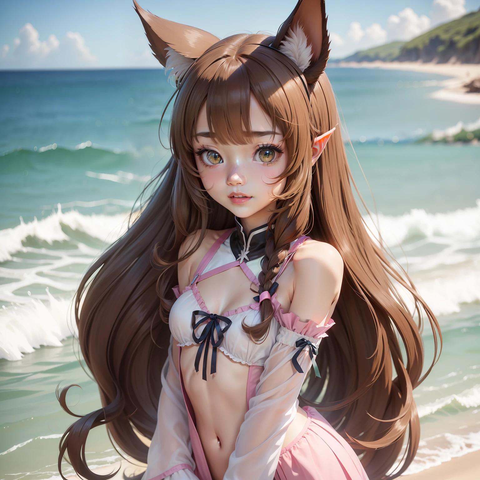 Longhair((((Uma Musume、Silence Suzuka)))、Long hairstyle、Chestnut hair、Brown hair、green colored eyes、Hair aligned around the eyes、Brown horse ears、(Photorealsitic:1.4)、(top-quality:1.4)、1 girl in、超A high resolution、((detailed facial features))))、small hand、(Cruciform pupil))、Look at viewers、(((pointy ear))、(sunlights)、(the beach:1.31)(Eau:1.41)、Standing on one leg、From Side((flat breast))、Symmetrical face、between legs、tiny chest、Chest exposed、Pink 、toppless、an ecstatic look on one's face