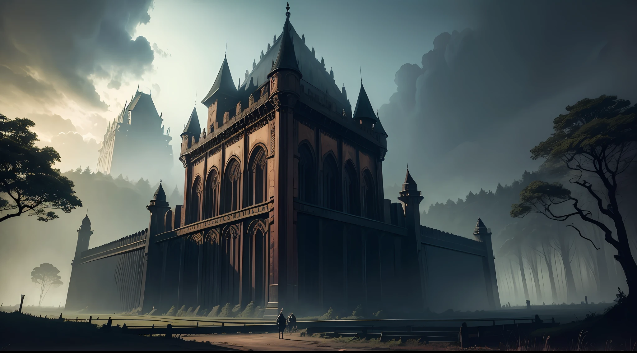 A massive wooden wall surrounded by a dense forest, with imposing towers and a mysterious central gate, emanating a dark and enigmatic atmosphere --auto