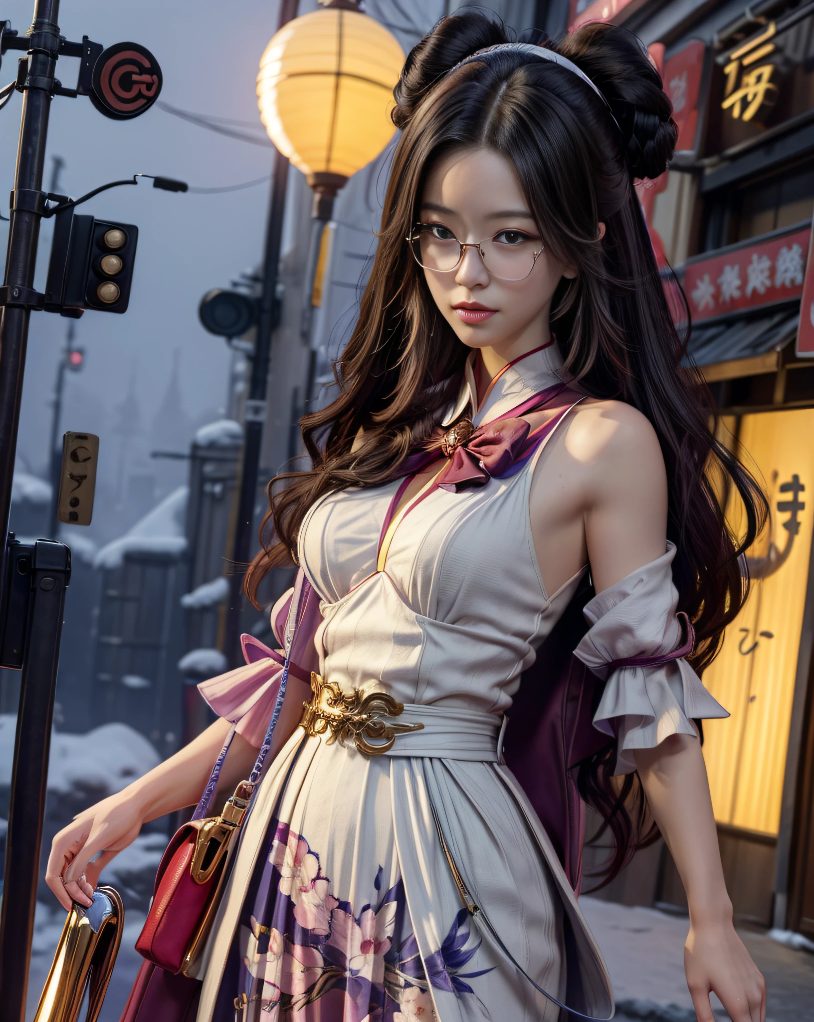 (masterpiece, beautiful art:1.4), close-up of a Tokyo business woman, walking Tokyo streets, business dress, glasses, long wavy hair, (dynamic pose:1.2), (perfect beautiful face:1.2), chengwei pan on artstation, by Yang J, detailed realistic art, stunning character art, fanart best artstation, epic exquisite character art, extremely detailed artgerm, detailed digital anime art, artgerm on artstation pixiv