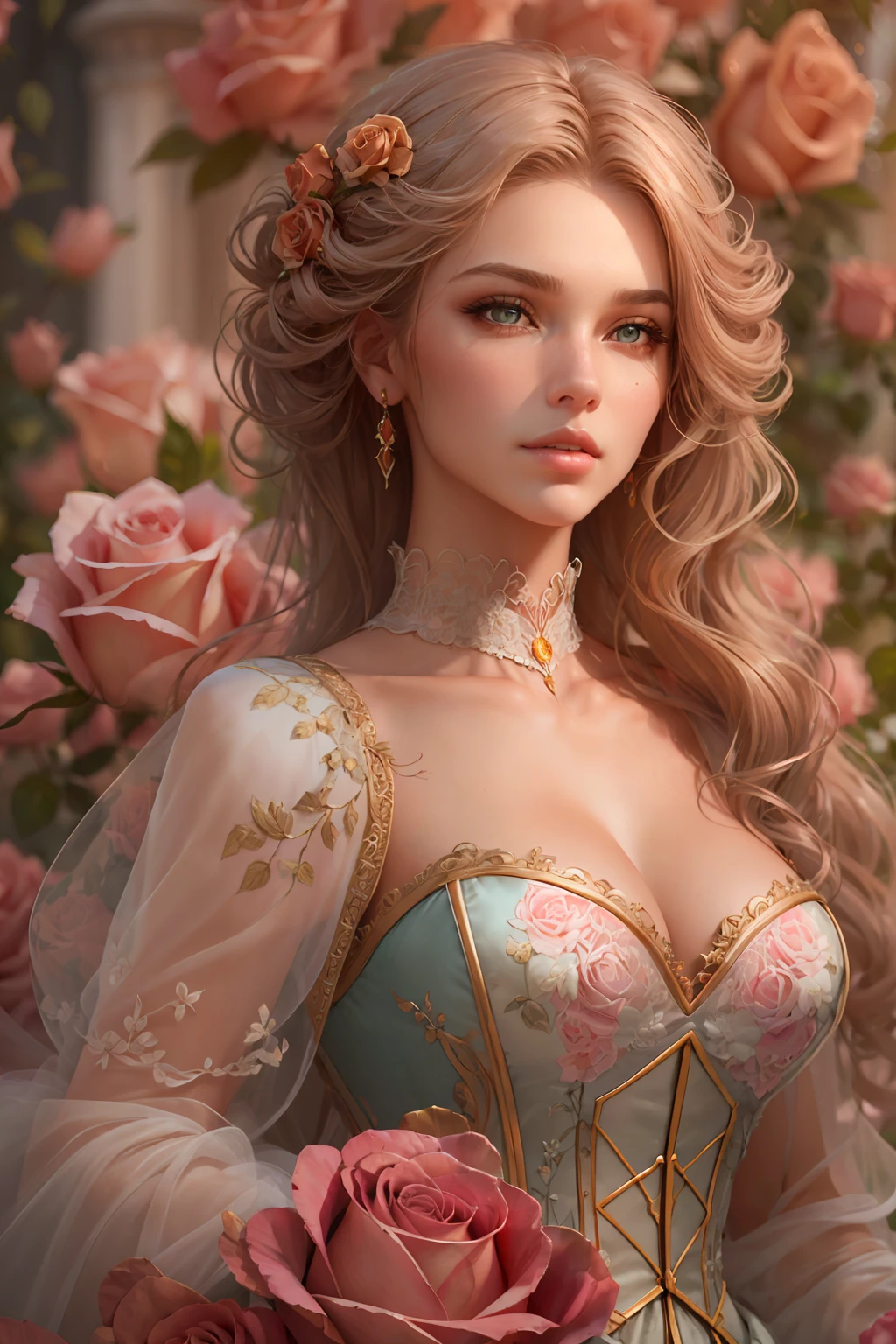 This is realistic fantasy artwork set in the castle's enchanted rose garden. Generate a proud woman with a highly detailed face dressed in the billowing folds of a stunning French silk ballgown. The woman's sweet face is ((((highly detailed, with realistic features and soft, puffy lips.))))  The ballgown is embellished with ruffles, sashes, and bows and a delicately, but intricately, hand-embroidered bodice. The corset features silk ribbon. The woman's stunning eyes are beautifully detailed, featuring realistic shading and multiple colors and high resolution. The woman is in a garden of eternal roses, each one beautifully formed and highly detailed. These realistic roses feature shimmering shades of pink, yellow, orange, and glimmering red. The eternal rose is a deep shade of red with shimmering pink overtones and undertones. Ensure that the woman's face, hair, and eyes are perfect. realism, high fantasy, whimsical fantasy, storybook fantasy, fairytale fantasy, fantasy details, enchanting, bewitching, 8k, hires, cgi, digital painting, unity, unreal engine, (((masterpiece))), intricate, elegant, highly detailed, majestic, digital photography, art by artgerm and ruan jia and greg rutkowski, (masterpiece, finely detailed beautiful eyes: 1.2), hdr, realistic skin texture, (((1woman))), (((solo))), Include a highly detailed face, extremely detailed face, and interesting background.