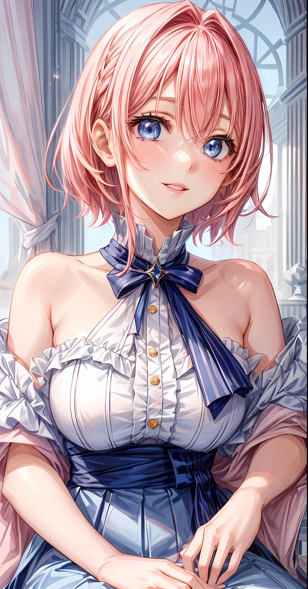 (A beautiful anime girl with short, vibrant pink hair and captivating blue eyes, sitting gracefully. She is wearing a modern off-shoulder outfit, radiating elegance and charm. Her smile brightens up the room, complementing her fair and flawless complexion.)