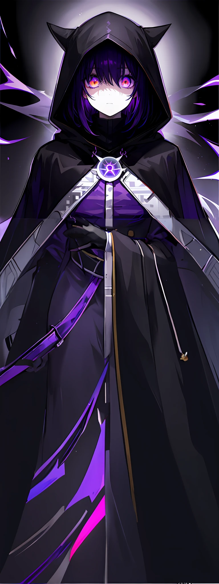 anime character with hood and cape with glowing white eyes, cloaked, dark cape, with glowing eyes, dark robed, black robes with purple outline, purple hair underneath hood, obscured face