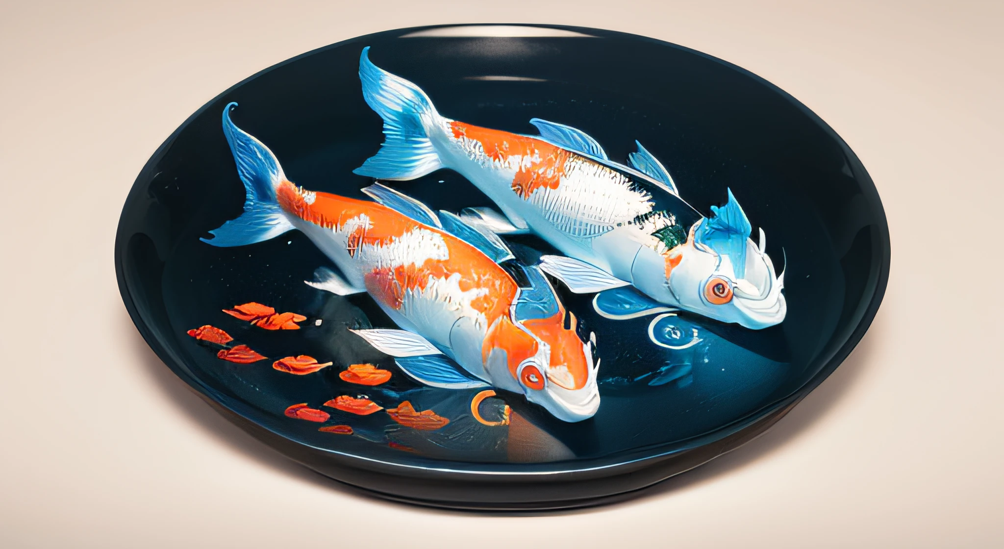 three koi fish in sea with spray chinese style ink painting only blue color and black color with word COACH SUSHI logo on side