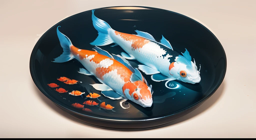 three koi fish in sea with spray chinese style ink painting only blue color and black color with word COACH SUSHI logo on side