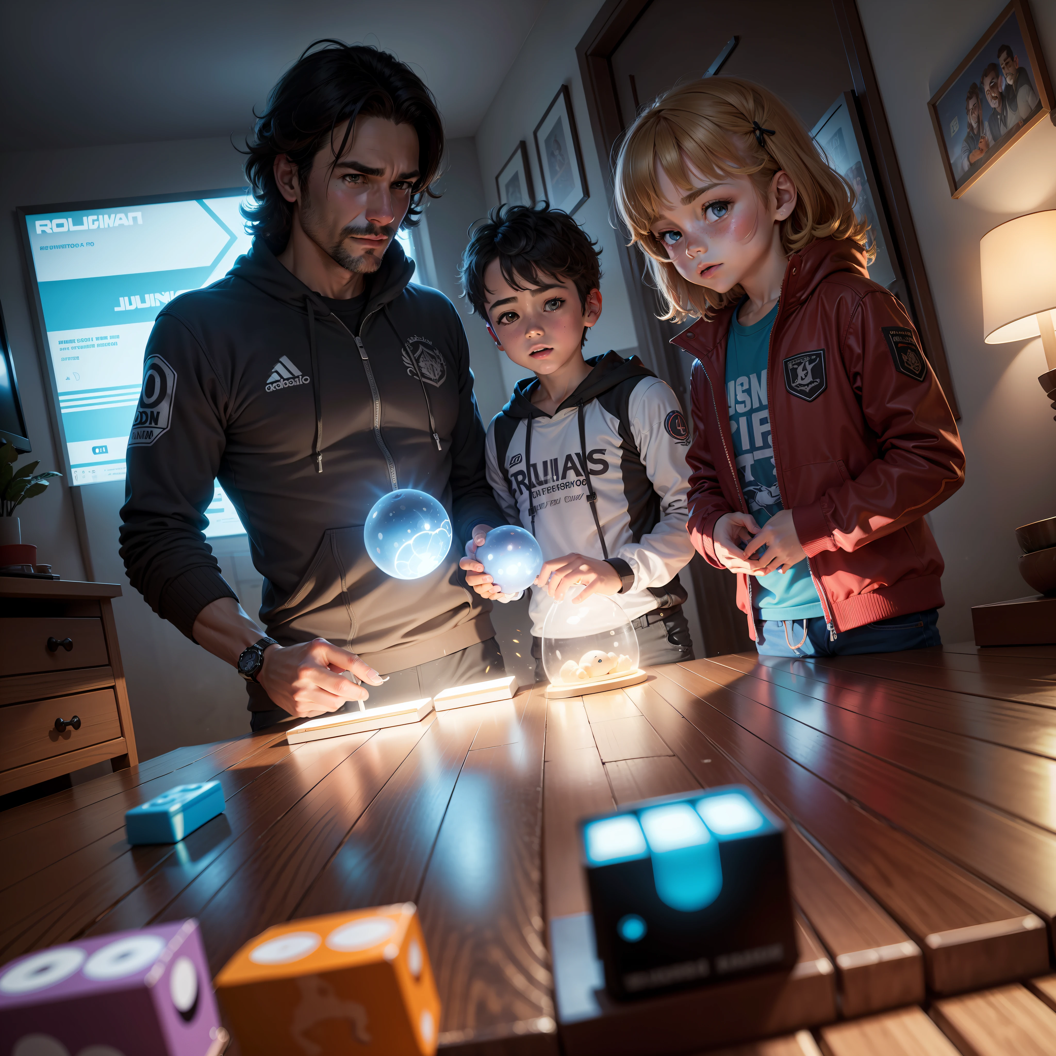 40-year-old father, 9-year-old son, jugando juegos de mesa futurista, el juego es un holograma, muy colorido, Neones 1:2, juego detallado, las fichas flotan, brillos 1:2, bright illumination, juego detallado, juego 8k, Altamente definido, rostro detallado, cabello detallado, gueo, produce destellos de luz, rostros detallados, poros visibles, iluminacion calida 1:1, brillante, rostros perfectos