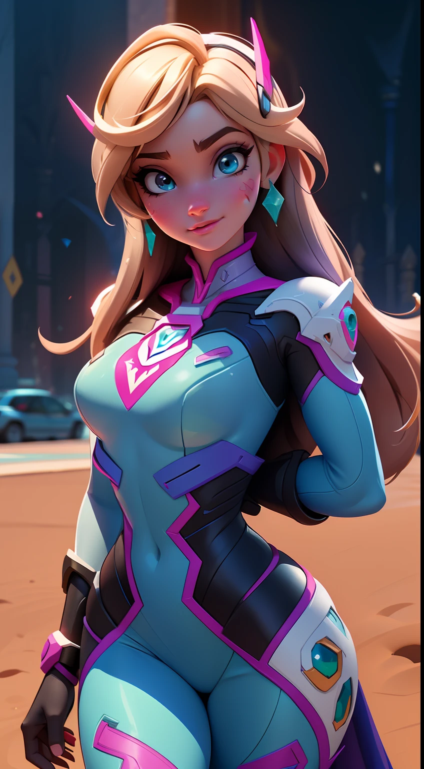 Elsa-D.Va Fusion, Mesclando modelos, melting, Roupas da D.Va, 1girl, Beautiful, character, Woman, female, (master part:1.2), (melhor qualidade:1.2), (sozinho:1.2), ((pose de luta)), ((campo de batalha)), cinemactic, olhos perfeitos, pele perfeita, perfect lighting, sorrir, luz, cor, pele texturizada, detalhe, Beleza, maravilha, ultra-detalhado, rosto perfeito