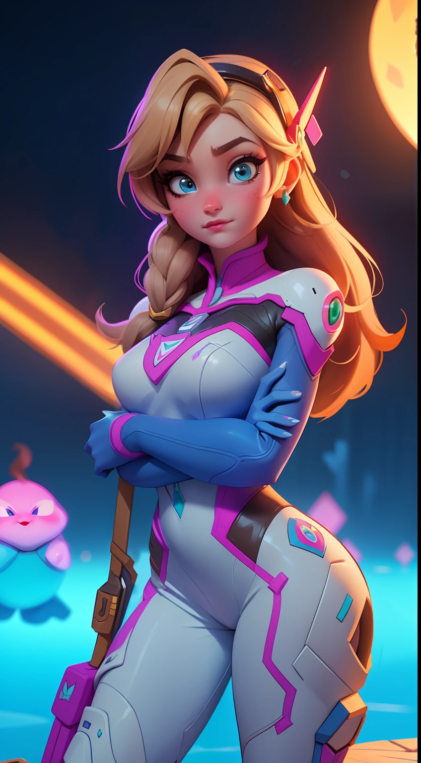 Elsa-D.Va Fusion, Mesclando modelos, melting, Roupas da D.Va, 1girl, Beautiful, character, Woman, female, (master part:1.2), (melhor qualidade:1.2), (sozinho:1.2), ((pose de luta)), ((campo de batalha)), cinemactic, olhos perfeitos, pele perfeita, perfect lighting, sorrir, luz, cor, pele texturizada, detalhe, Beleza, maravilha, ultra-detalhado, rosto perfeito