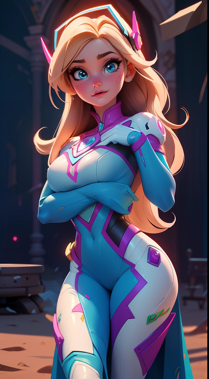 Elsa-D.Va Fusion, Mesclando modelos, melting, Roupas da D.Va, 1girl, Beautiful, character, Woman, female, (master part:1.2), (melhor qualidade:1.2), (sozinho:1.2), ((pose de luta)), ((campo de batalha)), cinemactic, olhos perfeitos, pele perfeita, perfect lighting, sorrir, luz, cor, pele texturizada, detalhe, Beleza, maravilha, ultra-detalhado, rosto perfeito