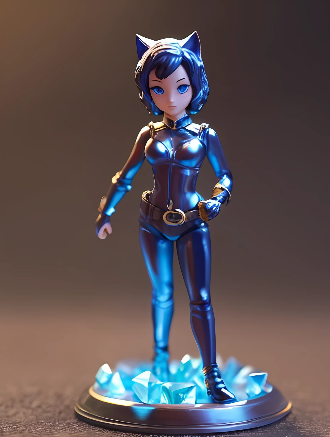 A very small miniature figure of the whole body of Catwoman with a fascinating image is in the palm of my hand. The miniature figures are made of crystal glass that glows and shines beautifully. The blue eyes of the miniature figure are very gentle. The scene is bathed in a magical light that emphasizes the crystal's unique appearance and evokes a sense of mystery. soft lighting, high contrast