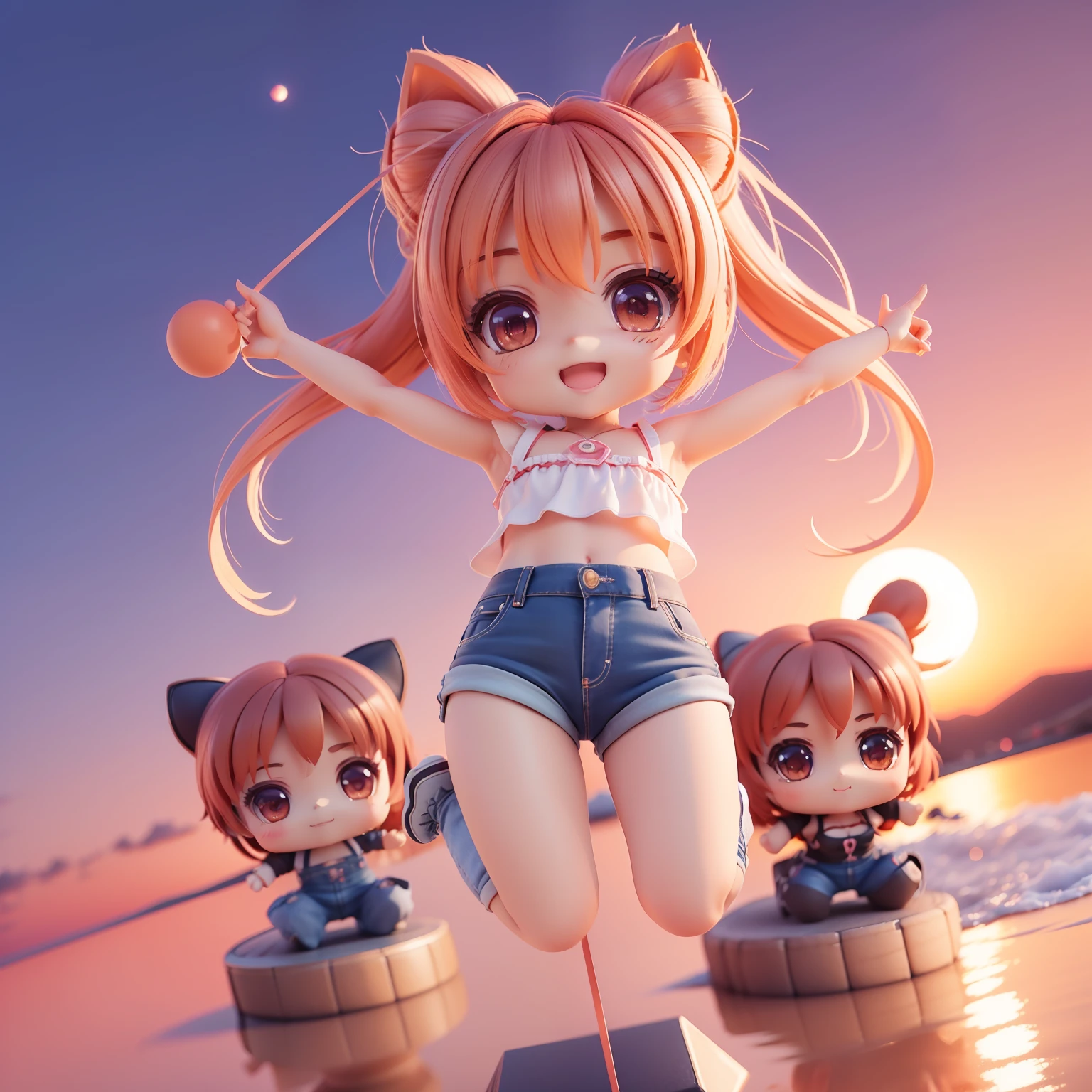 (((Chibi 3D))),Very cute and beautiful chibi anime string camisole and denim hot pants style sunset and big red moon background, Full body, Jumping, Happy smile,Very string camisole detailed face and eyes, Clearly outlined, Solo,Chibi 3D.