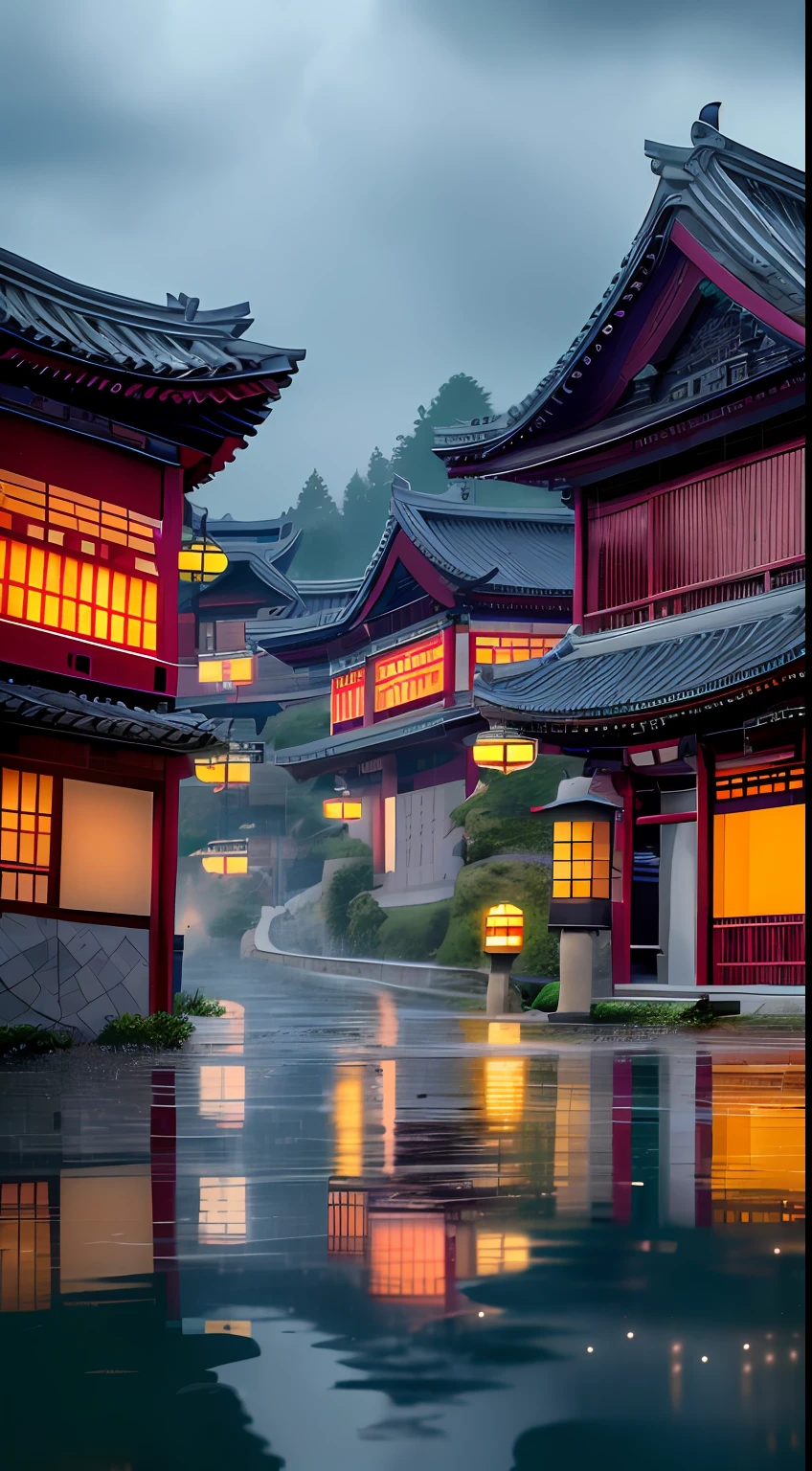 arafed view of a village with a lot of lights on the buildings, dreamy chinese town, chinese village, amazing wallpaper, japanese town, japanese village, hyper realistic photo of a town, old asian village, japanese city, by Raymond Han, rainy evening, cyberpunk chinese ancient castle, beautifully lit buildings, at evening during rain, beautiful and aesthetic, photography, cinematic, 8k, high detailed ((Heavy rain)))