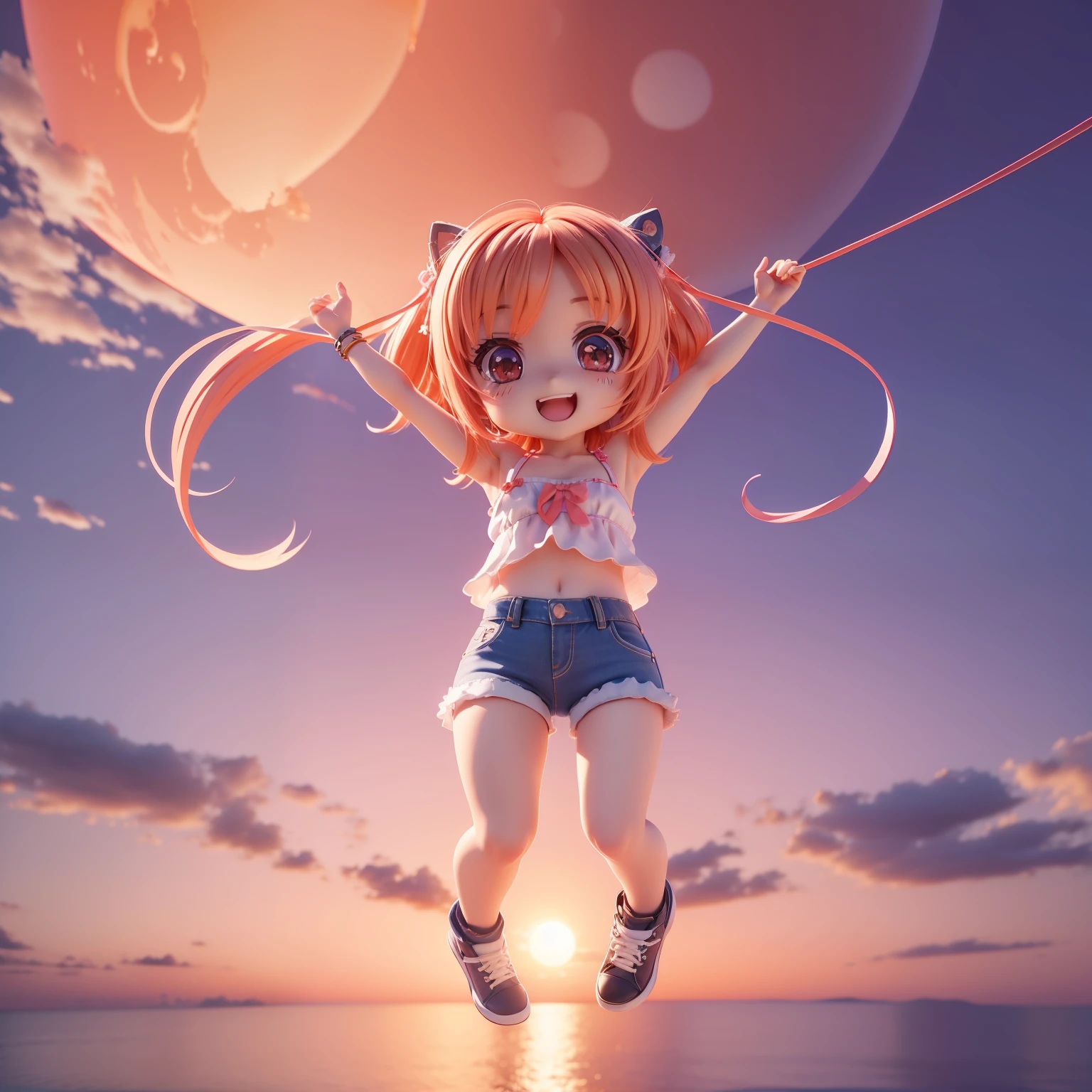 (((Chibi 3D))),Very cute and beautiful chibi anime string camisole and denim hot pants style sunset and big red moon background, Full body, Jumping, Happy smile,Very string camisole detailed face and eyes, Clearly outlined, Solo,Chibi 3D.