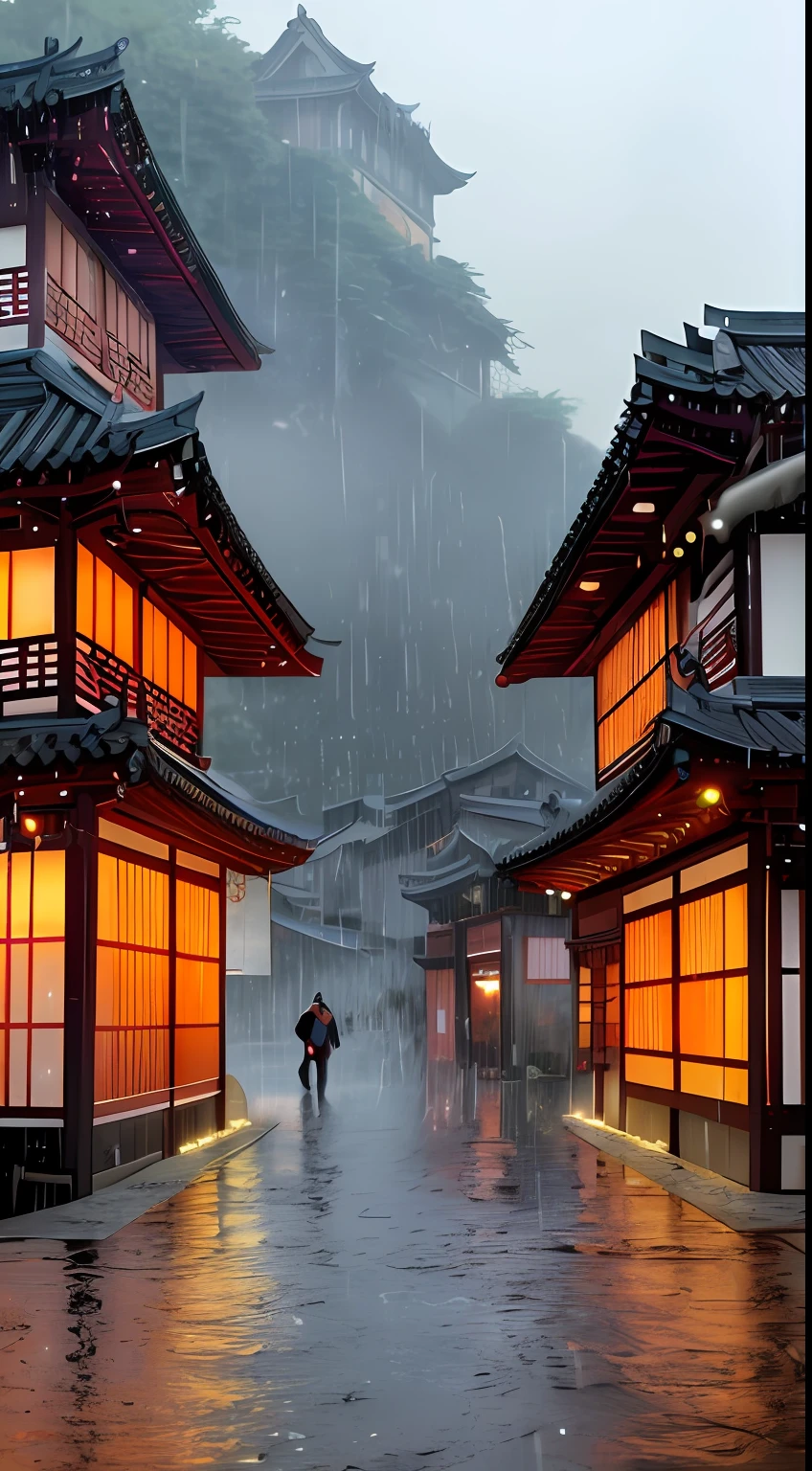 arafed view of a village with a lot of lights on the buildings, dreamy chinese town, chinese village, amazing wallpaper, japanese town, japanese village, hyper realistic photo of a town, old asian village, japanese city, by Raymond Han, rainy evening, cyberpunk chinese ancient castle, beautifully lit buildings, at evening during rain, beautiful and aesthetic, photography, cinematic, 8k, high detailed ((Heavy rain)))