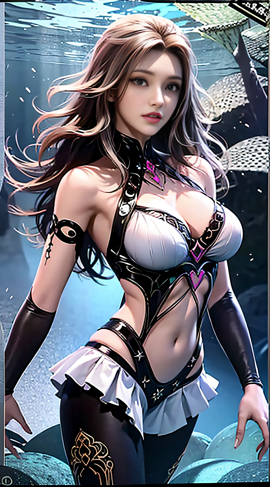 ((Dark light,top-quality,8K,tmasterpiece:1.3)),(In China,Casual theme,exteriors:1.5),standing under the sea,(Beauty with slender abs:1.4),((Layered Hair Style)),((White color blouse:1.6)),((Short white lace skirt:1.3)),mediuml breasts,cleavage,Anatomically correct,Highly Detailed Face and Skin Textur, Whitens the skin,water elemental,Light element,Perfect body proportion,Epic composition,