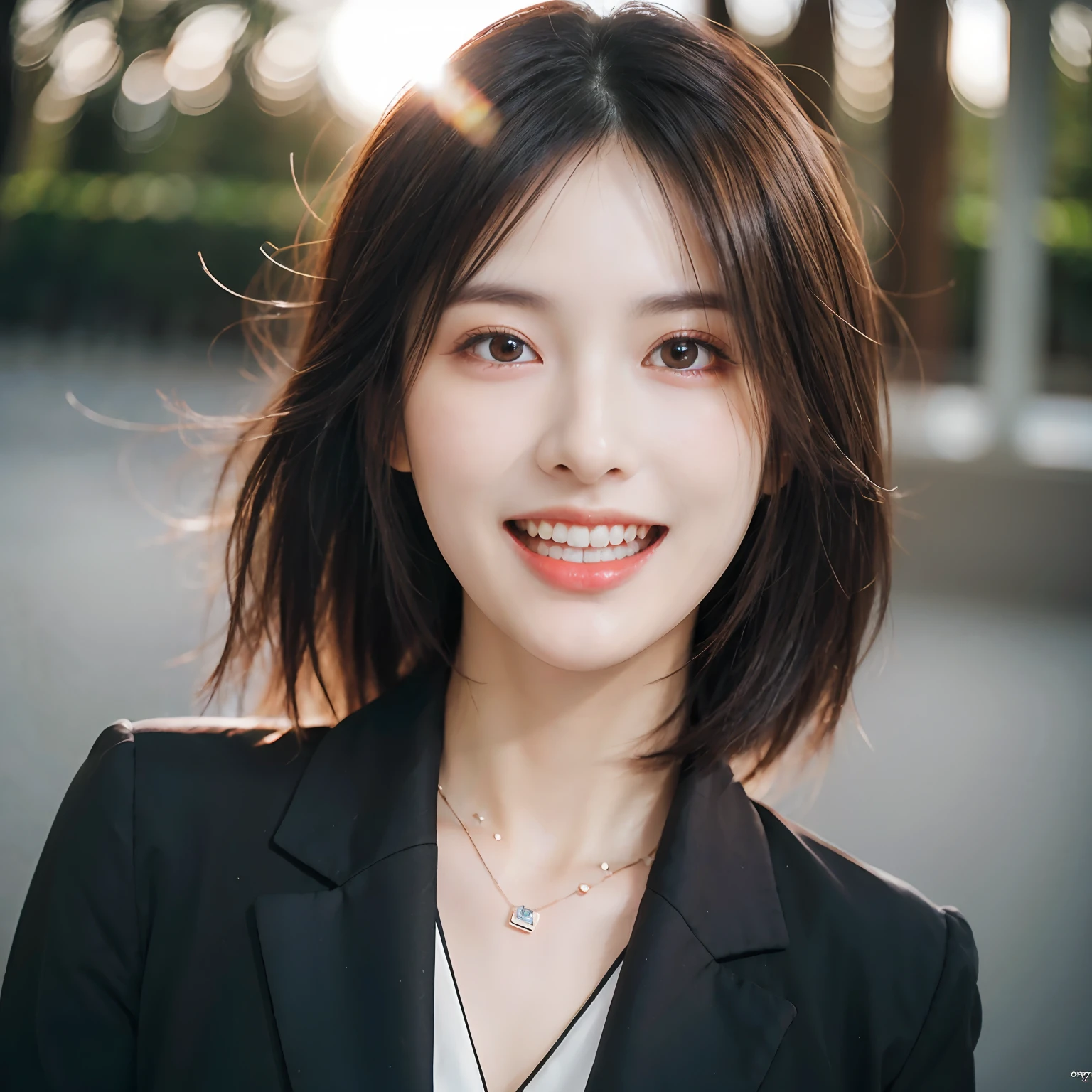 Dressed, (photographrealistic:1.4), (Hyper realistic:1.4), (Realistic:1.3), (Smoother lighting:1.05), (increase cinematic lighting quality:0.9), 32K, 1girl in,25-years old, Realistic lighting, Backlighting, Light on Face, raytrace, (Brightening light:1.2), (Increase quality:1.4), (Top quality real texture skins:1.4), finely detailed eyes, finerly detailed face, (tired and sleepy and joy:0), (Laugh:1.4), Black Suit,a necklace, (Increase body line mood:1.1), (Increase the beauty of skin texture:1.1)